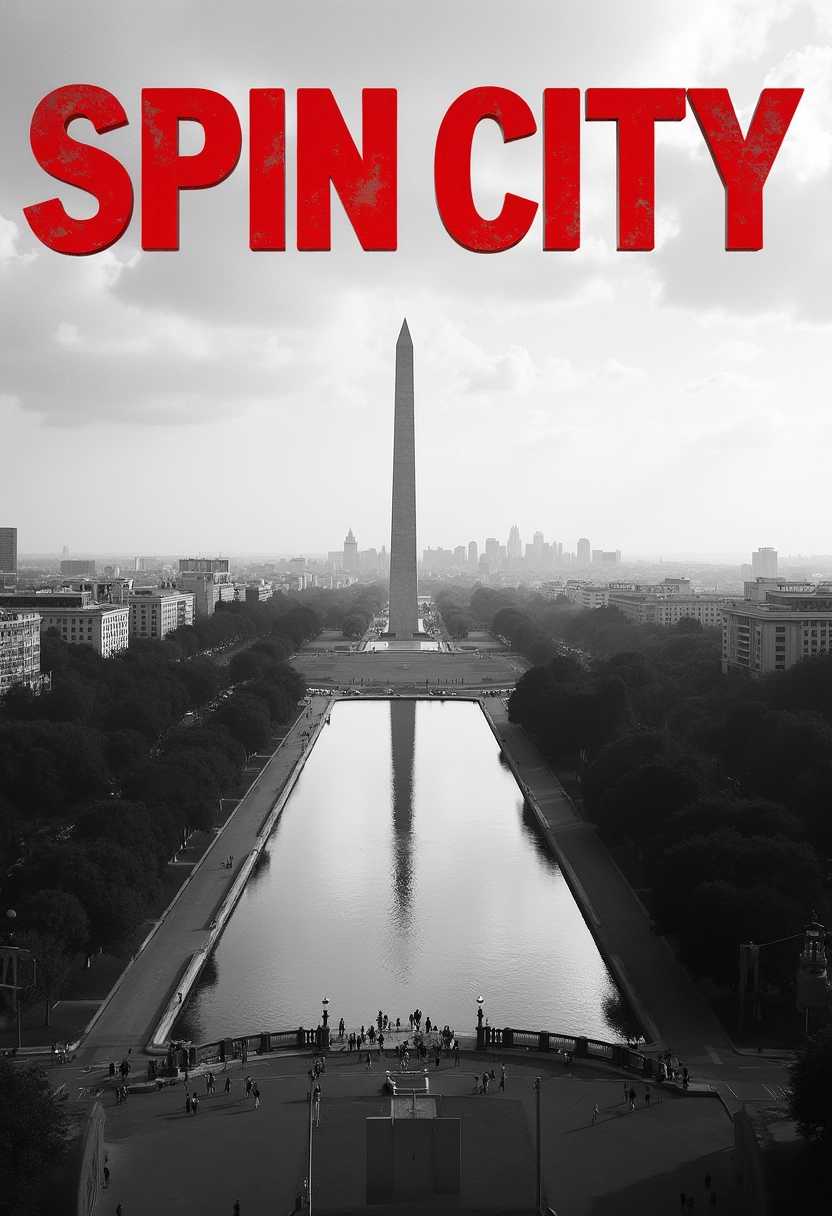 scenery style, a view of Washington D.C. and the text above saying "SPIN CITY" in stylish red text, movie poster style black and white