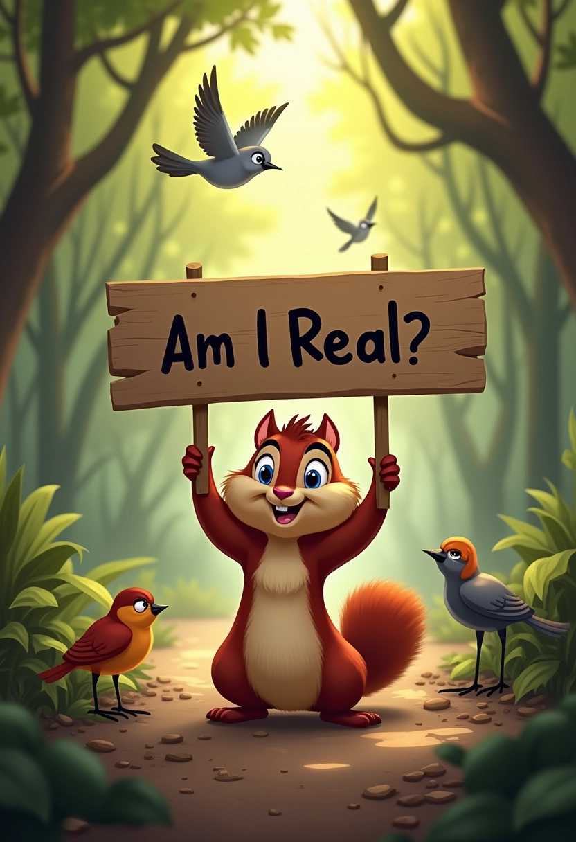 disney style, a chipmunk holding up a sign that says "Am I Real?", the chipmunk is red and standing in a forest surrounded by birds