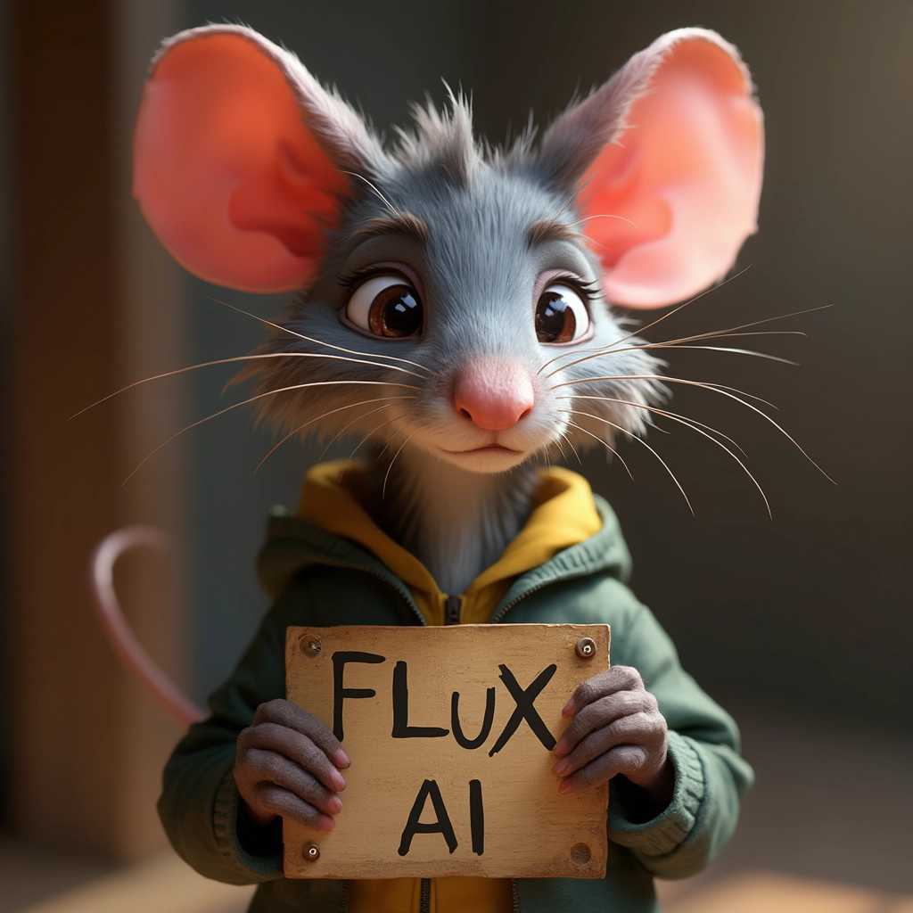  a portrait photo of an anthropomorphic RAT, STYLE PIXAR DISNEY, a sign reading "FLUX AI"