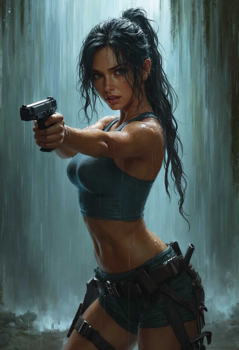 This image is a dynamic and intense portrayal of a female (Tomb Raider)  figure in a rain soaked setting. The art style is highly detailed and realistic, with a focus on the interplay of light and shadow, and the textural rendering of the subjects wet clothing and the cascading raindrops.The medium appears to be digital painting, given the smooth blending of colors and the lack of brush strokes. The colors are rich and vibrant, with a predominance of blues, grays, and earth tones that convey a sense of coolness and drama. The figure is wearing a fitted tank top and shorts, both of which are rendered with a high degree of realism, showing the contours of her body and the way the fabric clings to her skin.The figure is holding a pistol with both hands, aiming directly at the viewer. The gun is detailed with a realistic texture and sheen, reflecting the light and adding to the sense of immediacy. The figures hair is wet and sticking to her face, and her expression is one of fierce determination and focus.The background is a chaotic cascade of raindrops, rendered with a high degree of detail and movement, creating a sense of depth and motion that emphasizes the central figure. The raindrops are depicted with varying sizes and translucency, giving a sense of the rains intensity and the wetness of the environment.Overall, the image is a powerful and immersive portrayal of action and resilience, with a strong emphasis on realism and the interplay of light and shadow.