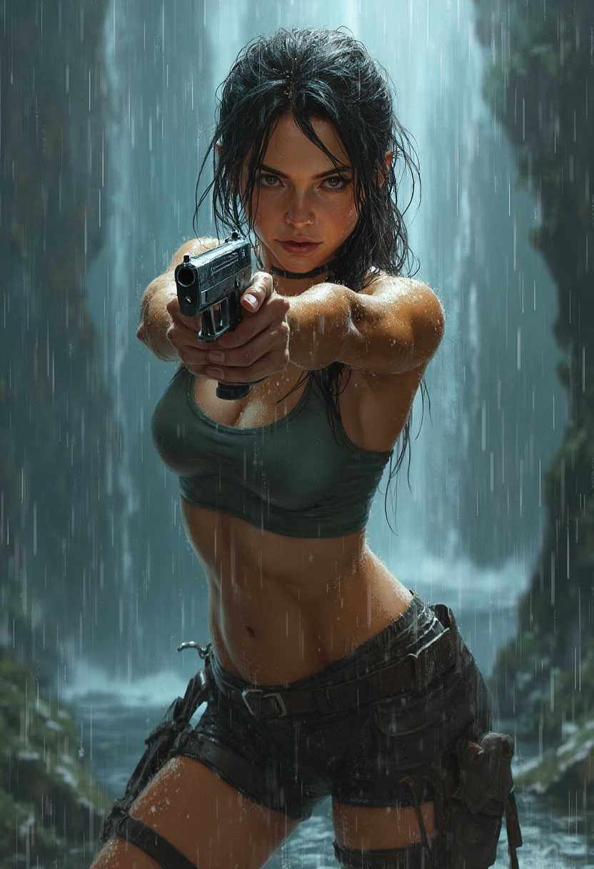 This image is a dynamic and intense portrayal of a female (Tomb Raider)  figure in a rain soaked setting. The art style is highly detailed and realistic, with a focus on the interplay of light and shadow, and the textural rendering of the subjects wet clothing and the cascading raindrops.The medium appears to be digital painting, given the smooth blending of colors and the lack of brush strokes. The colors are rich and vibrant, with a predominance of blues, grays, and earth tones that convey a sense of coolness and drama. The figure is wearing a fitted tank top and shorts, both of which are rendered with a high degree of realism, showing the contours of her body and the way the fabric clings to her skin.The figure is holding a pistol with both hands, aiming directly at the viewer. The gun is detailed with a realistic texture and sheen, reflecting the light and adding to the sense of immediacy. The figures hair is wet and sticking to her face, and her expression is one of fierce determination and focus.The background is a chaotic cascade of raindrops, rendered with a high degree of detail and movement, creating a sense of depth and motion that emphasizes the central figure. The raindrops are depicted with varying sizes and translucency, giving a sense of the rains intensity and the wetness of the environment.Overall, the image is a powerful and immersive portrayal of action and resilience, with a strong emphasis on realism and the interplay of light and shadow.