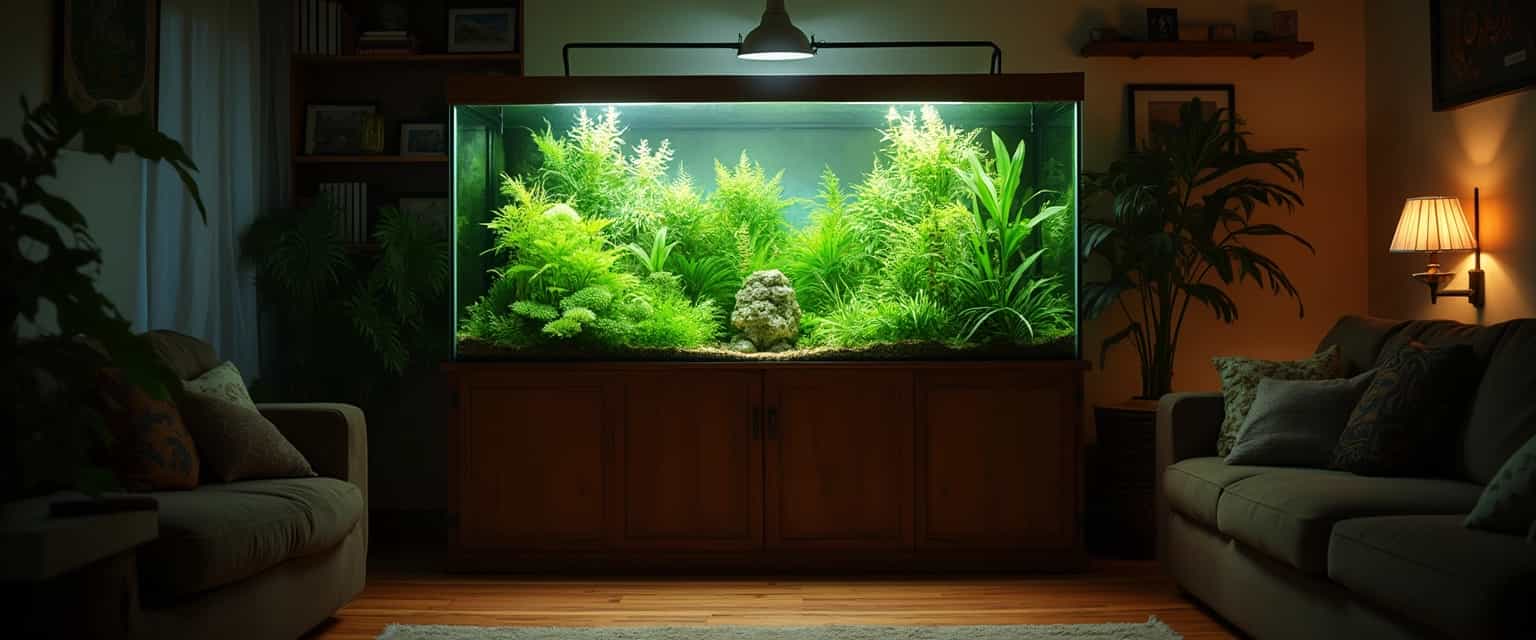 An Illuminated Aquarium as a Centerpiece in a Cozy Living Room Setting