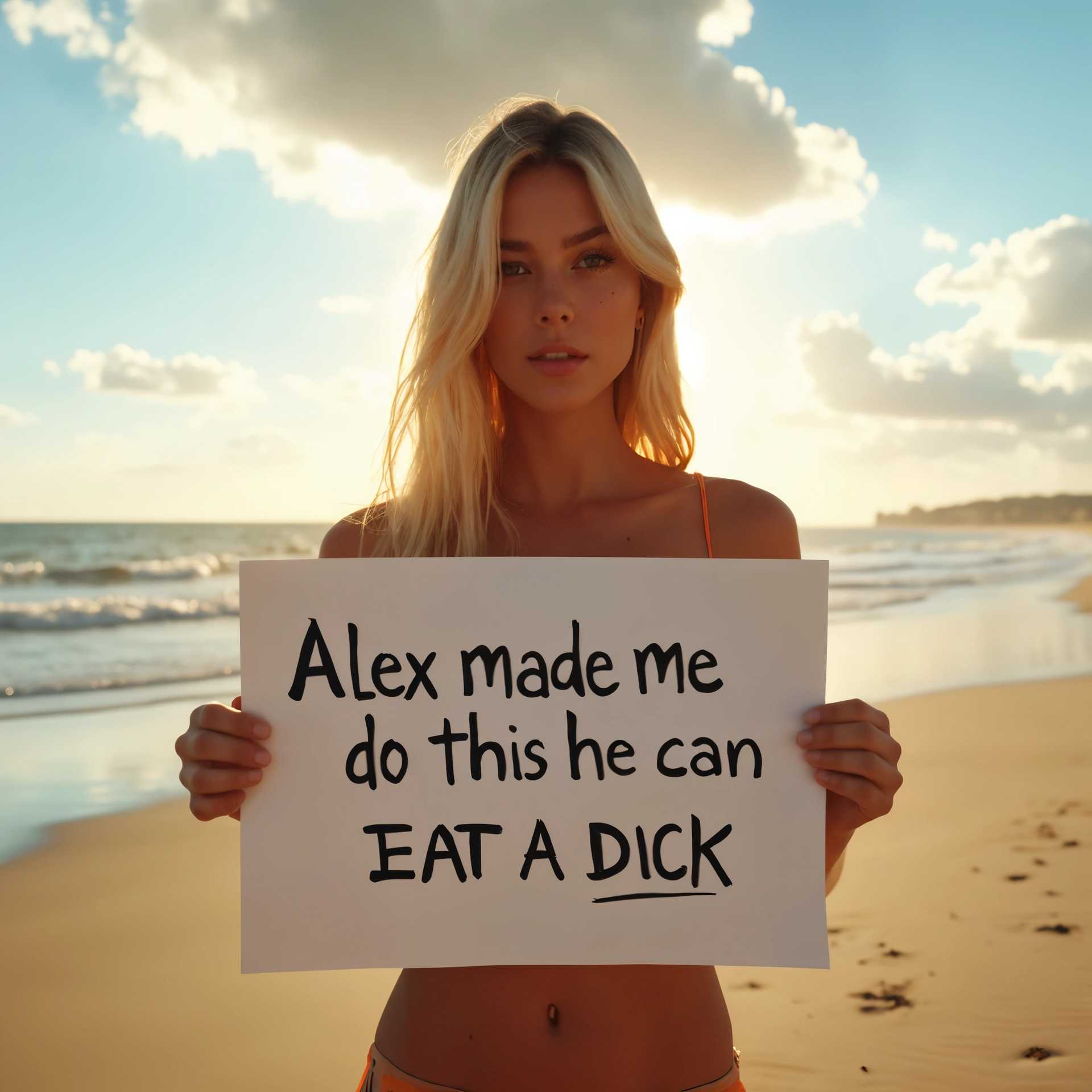 Beachgoer Holds Provocative Sign with Personal Message.