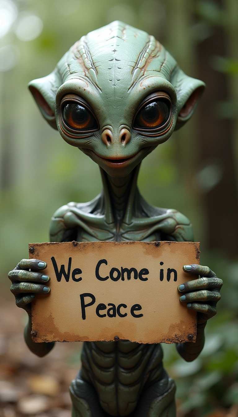 "Create a hyper-realistic depiction of an alien with an intricate, detailed appearance, holding a sign that reads 'We Come in Peace.' The alien should have an expressive, friendly demeanor, with its eyes conveying a sense of calm and reassurance. The setting should be serene, with the alien's surroundings subtly highlighting its peaceful intentions."
