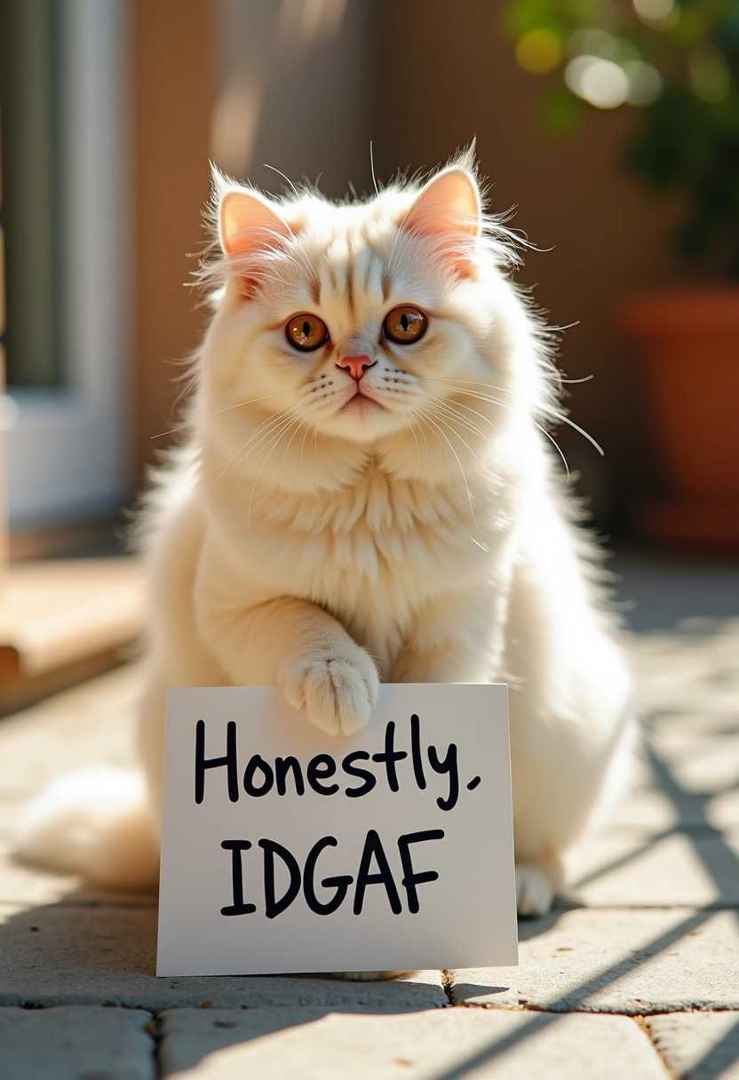 Fluffy White Cat with Sassy Attitude Holds Honestly, IDGAF Sign