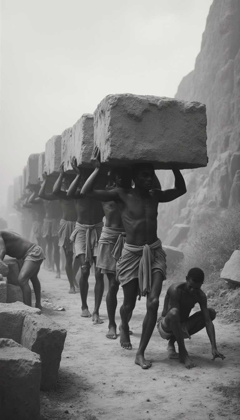 This image depicts a group of people engaged in the laborious task of moving large blocks of stone. The art style of the image is reminiscent of a documentary or historical photograph, with a focus on the action and the physical exertion of the workers. The medium appears to be a black and white photograph, which adds to the timeless and authentic feel of the image.The colors in the image are muted and monochromatic, with shades of gray dominating the scene. The workers are clothed in what appears to be simple, lightcolored garments, possibly loincloths, which blend with the earthy tones of the environment. The blocks of stone are a uniform, dark gray, providing a stark contrast to the lighter colors of the workers and the ground.The objects in the image are primarily the large blocks of stone, which are being carried on the shoulders of the workers. The stones vary in size, with the largest block at the front of the line being particularly imposing. The workers are arranged in a staggered formation, with each person supporting the weight of the stone above their heads. Their postures are tense and their movements coordinated, suggesting a wellorganized effort to move the heavy loads.In the foreground, there are several individuals who are either assisting with the movement of the stones or who have fallen behind. One person is seen bending over, possibly to pick up a fallen stone or to assist another worker. The ground is uneven and rocky, with sparse vegetation, indicating that this labor is taking place in a rugged, possibly desertlike environment.Overall, the image conveys a sense of hard work, cooperation, and the physical demands of manual labor. The workers attire and the method of stone transport suggest a historical or prehistoric setting, likely from a civilization that relied heavily on manual labor for construction and infrastructure projects.