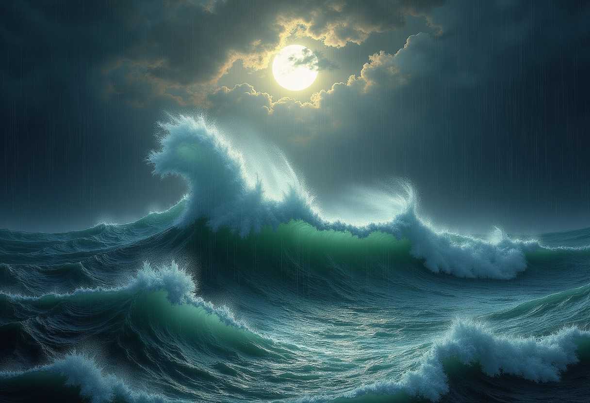 Create a breathtaking seascape in the emotive, dramatic style of Ivan Aivazovsky's "The Ninth Wave". Picture a tumultuous ocean with towering, majestic waves crashing against each other under a dark, stormy sky. The water's surface should be a mix of deep blues and greens, highlighted by foamy whitecaps and illuminated by the ethereal glow of the moon breaking through the dense, ominous clouds. 

Capture the essence of a perilous yet awe-inspiring scene, where the interplay of light and shadow enhances the monumental scale of the waves. Compose the image with the horizon slightly elevated to emphasize the vastness of the sea, and position the viewpoint at a low angle, as if witnessing the grandeur and power of nature from the deck of a ship caught in the storm. The atmosphere should be enveloped in a sense of raw, untamed energy, with rain and mist blurring the boundary between the ocean and the sky.

Incorporate fine, realistic textures in the water, lending a sense of motion and depth, while the clouds should be dense and swirling, adding to the foreboding atmosphere. Ensure the overall composition conveys the dramatic, romanticized vision characteristic of Aivazovsky’s masterpieces, where the viewer feels both the relentless force