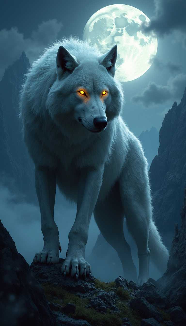 Majestic White Wolf with Yellow Eyes on a Rocky Mountain at Night