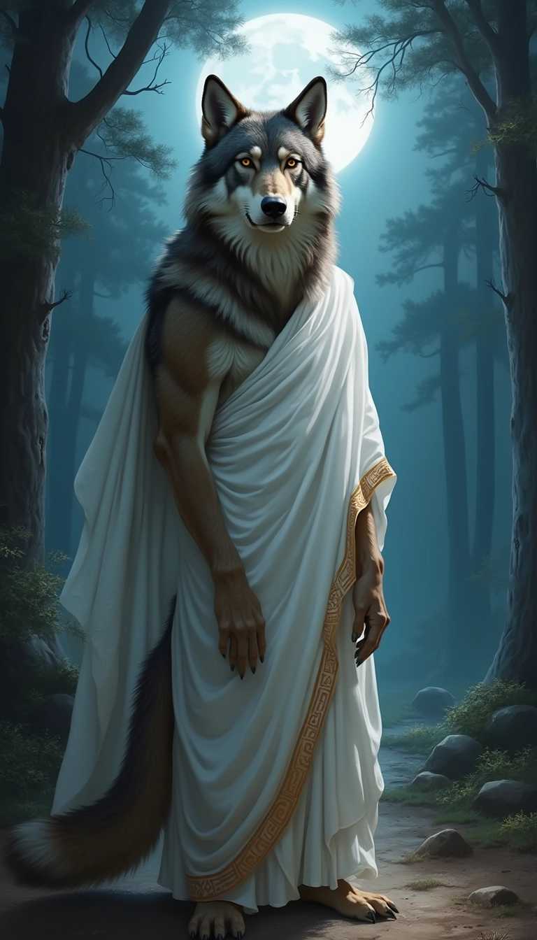 A highly detailed, full-body painting of a benevolent, kind werewolf standing upright, draped in an elegant white toga. The werewolf's fur is meticulously textured with a mix of soft browns and grays, with gentle, expressive eyes conveying warmth and kindness. The toga is finely detailed with flowing, realistic folds and a subtle, ancient Greek pattern trim in gold. The background features a serene, moonlit forest clearing with a soft, ethereal glow illuminating the scene. The werewolf is positioned in the center of the composition, slightly facing to the right, with soft moonlight casting delicate shadows. The atmosphere exudes a tranquil, mystical vibe, with cool blue and silver hues dominating the palette. The painting style should resemble the Romanticism art movement, with an emphasis on natural beauty, emotion, and intricate detail. The lighting captures the contrast between the gentle light of the moon and the shadows of the forest, enhancing the magical, peaceful mood of the scene.
