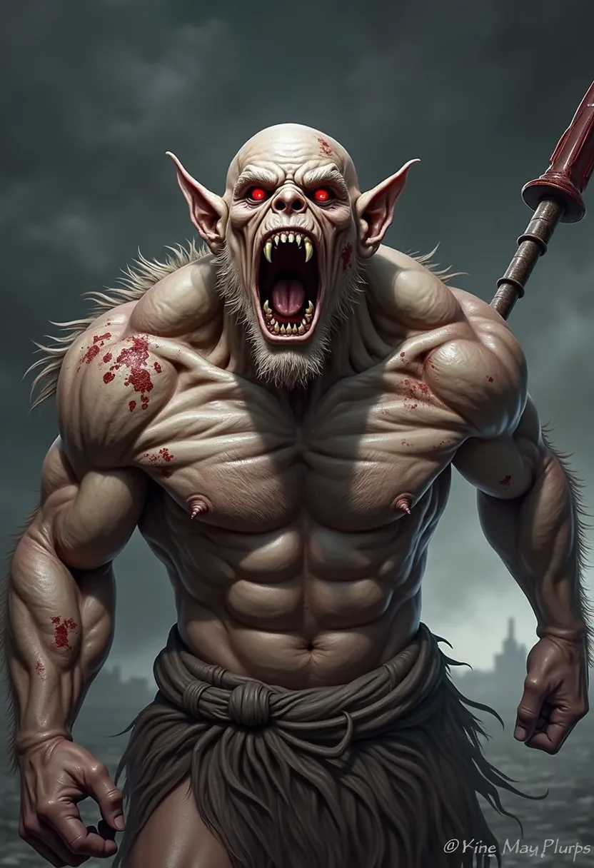 Highly detailed, dark fantasy-style digital artwork featuring a menacing, muscular creature with a humanoid form. The creature has a bald head, pointed ears, and glowing red eyes, with an expression of rage and bared sharp teeth. Its skin is a pale, ashen color, covered in scars and bloodstains, emphasizing its battle-worn appearance. The creature's body is extremely muscular, with prominent veins and sinewy details. It is holding a bloodied spear in its right hand, and its loincloth is tattered. The background is a smoky, desolate landscape, adding to the ominous and intense atmosphere of the image.