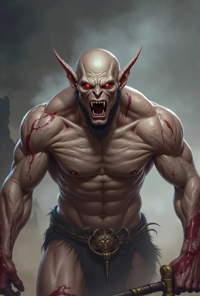 Highly detailed, dark fantasy-style digital artwork featuring a menacing, muscular creature with a humanoid form. The creature has a bald head, pointed ears, and glowing red eyes, with an expression of rage and bared sharp teeth. Its skin is a pale, ashen color, covered in scars and bloodstains, emphasizing its battle-worn appearance. The creature's body is extremely muscular, with prominent veins and sinewy details. It is holding a bloodied spear in its right hand, and its loincloth is tattered. The background is a smoky, desolate landscape, adding to the ominous and intense atmosphere of the image.