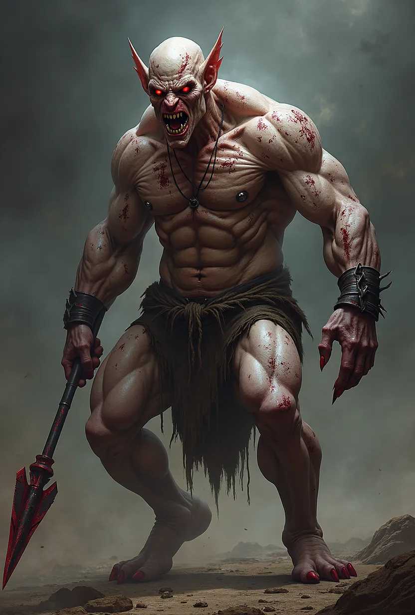 Highly detailed, dark fantasy-style digital artwork featuring a menacing, muscular creature with a humanoid form. The creature has a bald head, pointed ears, and glowing red eyes, with an expression of rage and bared sharp teeth. Its skin is a pale, ashen color, covered in scars and bloodstains, emphasizing its battle-worn appearance. The creature's body is extremely muscular, with prominent veins and sinewy details. It is holding a bloodied spear in its right hand, and its loincloth is tattered. The background is a smoky, desolate landscape, adding to the ominous and intense atmosphere of the image.