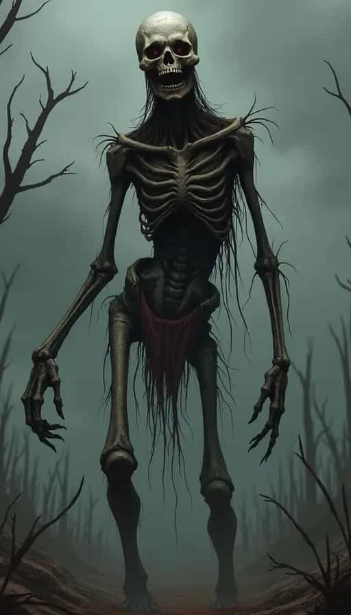 Digital artwork featuring a skeletal, humanoid creature with an emaciated, decayed appearance. The figure has elongated limbs, a gaunt face with hollow eye sockets, and a gaping mouth. Its skin is dark and appears to be rotting, with strands of tattered material hanging from its body. The background is a desolate, foggy landscape with barren trees and a murky, ominous sky, enhancing the eerie and foreboding atmosphere of the scene.