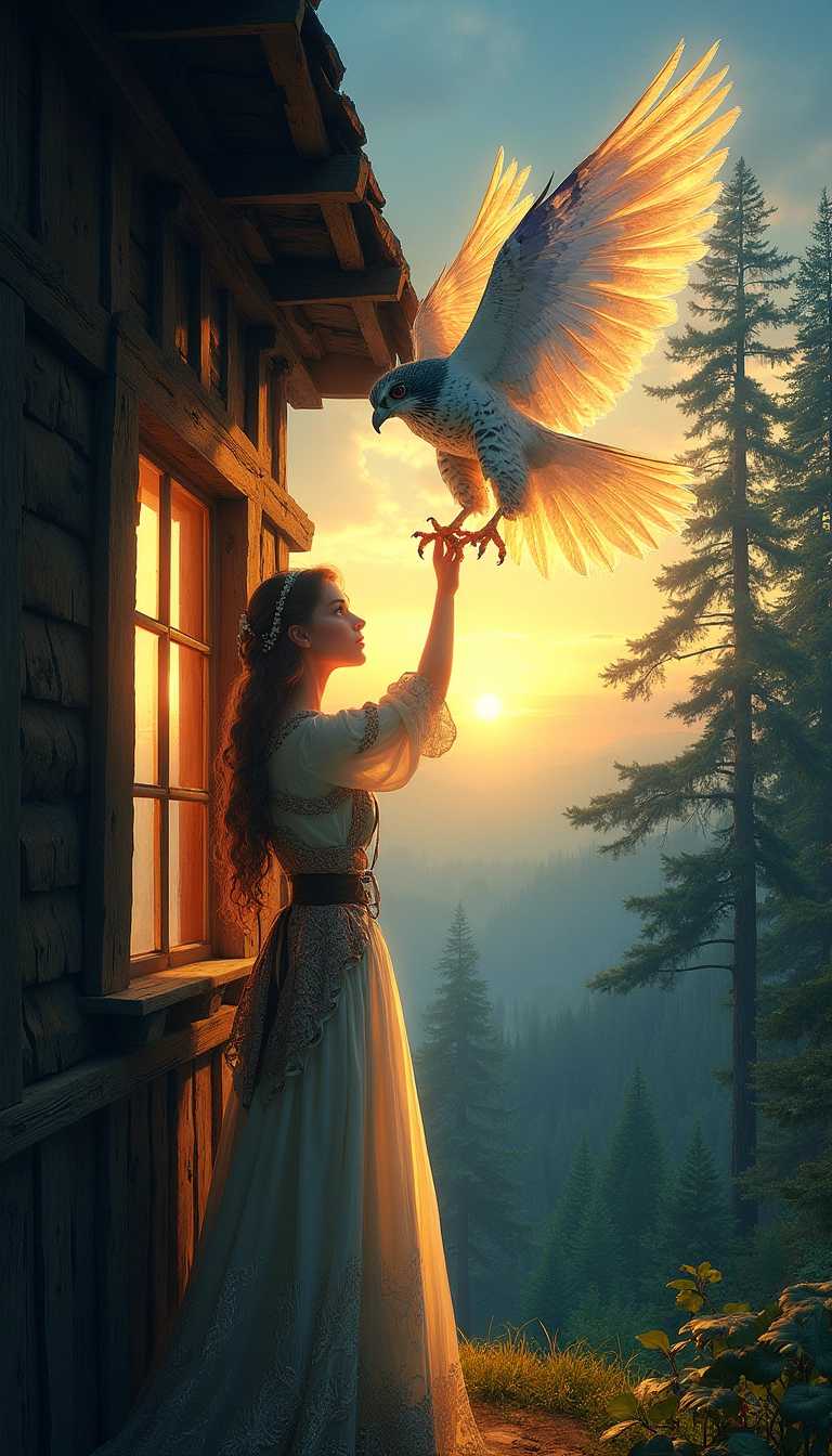 Illustrate a scene from the Russian fairy tale 'Finist the Bright Falcon.' Show a beautiful young woman standing by an open window in a traditional Russian wooden house. She is releasing a majestic falcon with shimmering, iridescent feathers into the evening sky. The falcon glows with a soft, magical light, symbolizing its enchanted nature. The background features a lush, enchanted forest with tall, ancient trees, and the sky is tinged with the warm colors of sunset, casting a golden glow over the scene. The woman wears a traditional Russian dress with intricate patterns, and her expression is a mix of hope and longing."

This prompt should inspire a detailed and atmospheric illustration that captures the essence of the story.