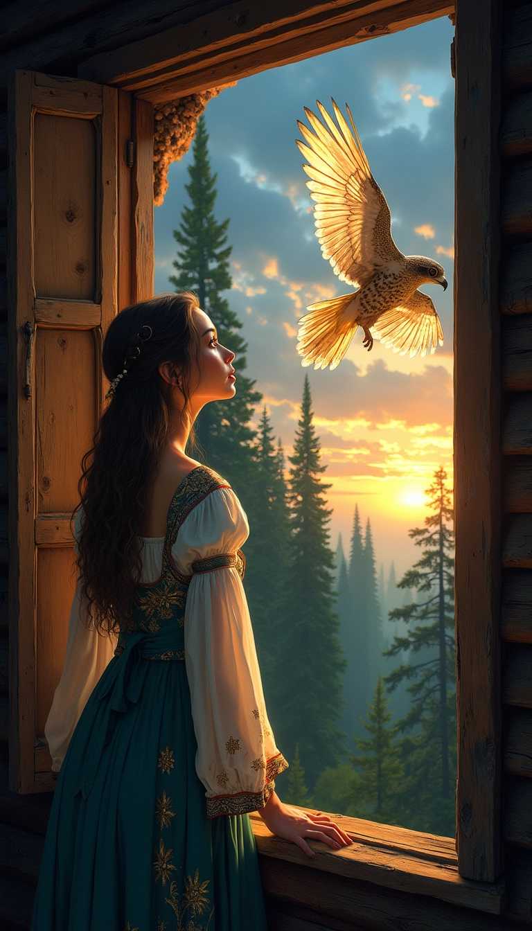 Illustrate a scene from the Russian fairy tale 'Finist the Bright Falcon.' Show a beautiful young woman standing by an open window in a traditional Russian wooden house. She is releasing a majestic falcon with shimmering, iridescent feathers into the evening sky. The falcon glows with a soft, magical light, symbolizing its enchanted nature. The background features a lush, enchanted forest with tall, ancient trees, and the sky is tinged with the warm colors of sunset, casting a golden glow over the scene. The woman wears a traditional Russian dress with intricate patterns, and her expression is a mix of hope and longing."

This prompt should inspire a detailed and atmospheric illustration that captures the essence of the story.