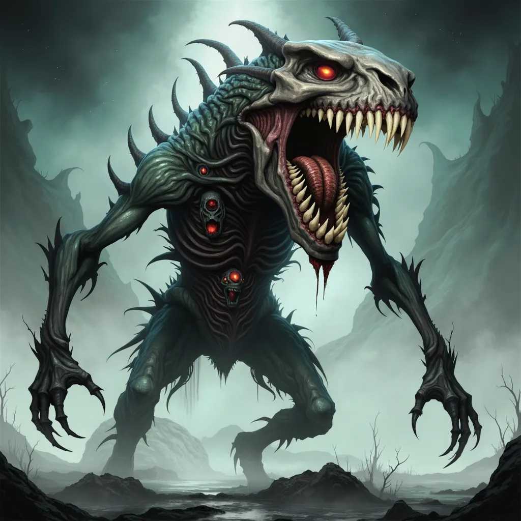 Digital artwork featuring a monstrous creature in a dark, eerie environment. The creature has a skeletal, humanoid form with elongated limbs and sharp, claw-like fingers. Its skin is a dark, mottled green with a texture resembling decayed flesh. The head is skull-like with glowing red eyes and a gaping mouth filled with multiple rows of sharp teeth, some of which are dripping with blood. The creature has additional mouths and eyes embedded in its chest, adding to its grotesque appearance. The background is a misty, desolate landscape with twisted, barren trees and a murky ground, enhancing the overall menacing and nightmarish atmosphere of the scene.