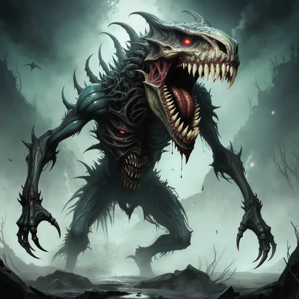Digital artwork featuring a monstrous creature in a dark, eerie environment. The creature has a skeletal, humanoid form with elongated limbs and sharp, claw-like fingers. Its skin is a dark, mottled green with a texture resembling decayed flesh. The head is skull-like with glowing red eyes and a gaping mouth filled with multiple rows of sharp teeth, some of which are dripping with blood. The creature has additional mouths and eyes embedded in its chest, adding to its grotesque appearance. The background is a misty, desolate landscape with twisted, barren trees and a murky ground, enhancing the overall menacing and nightmarish atmosphere of the scene.