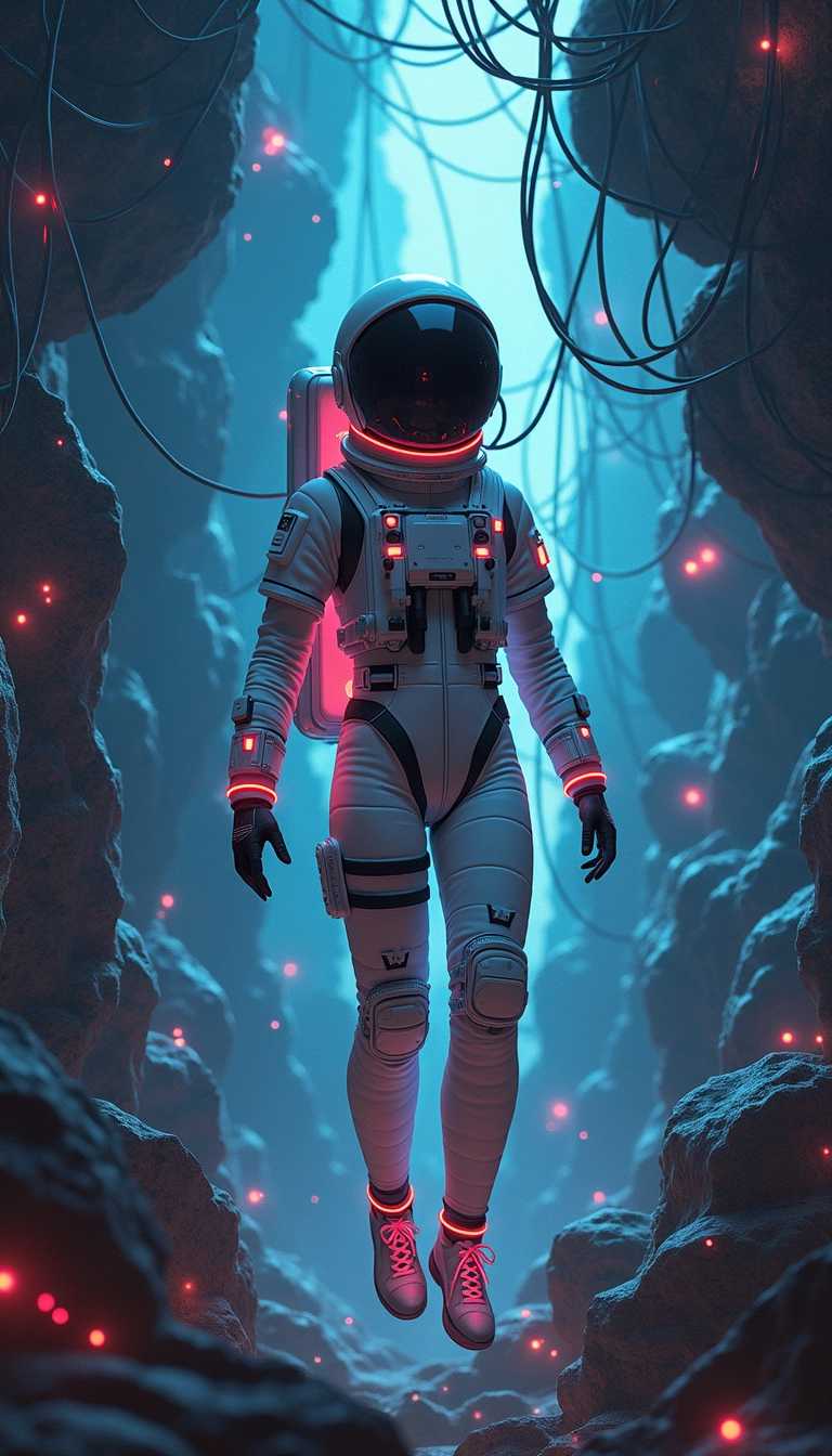 
"Design an image of a girl astronaut floating in space, surrounded by intricate networks of glowing wires and cables. The scene should blend a futuristic, high-tech aesthetic with a sense of isolation and wonder. Emphasize the contrast between the sleek, advanced technology of her suit and the chaotic, tangled wires that seem to connect her to an unseen, larger mechanism or structure. Use a color palette that highlights the vastness of space and the glowing, neon accents of the wires."