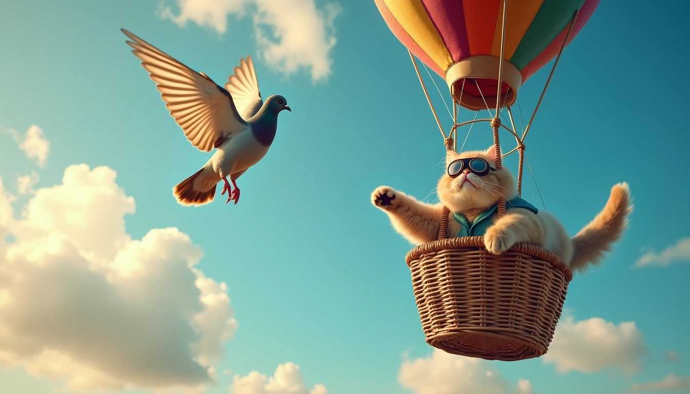 A dynamic scene featuring a Scottish Fold cat riding a mini hot air balloon. The cat is wearing aviator goggles on its face and is reaching out with its paw to catch a pigeon flying near the balloon basket. The scene is set against a vibrant blue sky, with fluffy white clouds adding depth and texture to the background. The balloon is adorned with colorful patchwork patterns, contrasting vividly with the sky. The basket is made of wicker, detailed with intricate weaving patterns. The angle of the shot is slightly tilted upward, emphasizing the height and the action. The scene is lit by the warm glow of the golden hour, casting a soft, magical light over the entire composition. The mood is whimsical and adventurous, capturing a moment of playful pursuit. The overall atmosphere is lighthearted and full of wonder, with the gentle breeze hinted at by the flowing fur of the cat and the rippling feathers of the pigeon. Warm and cool colors are balanced to create a harmonious and enchanting image.