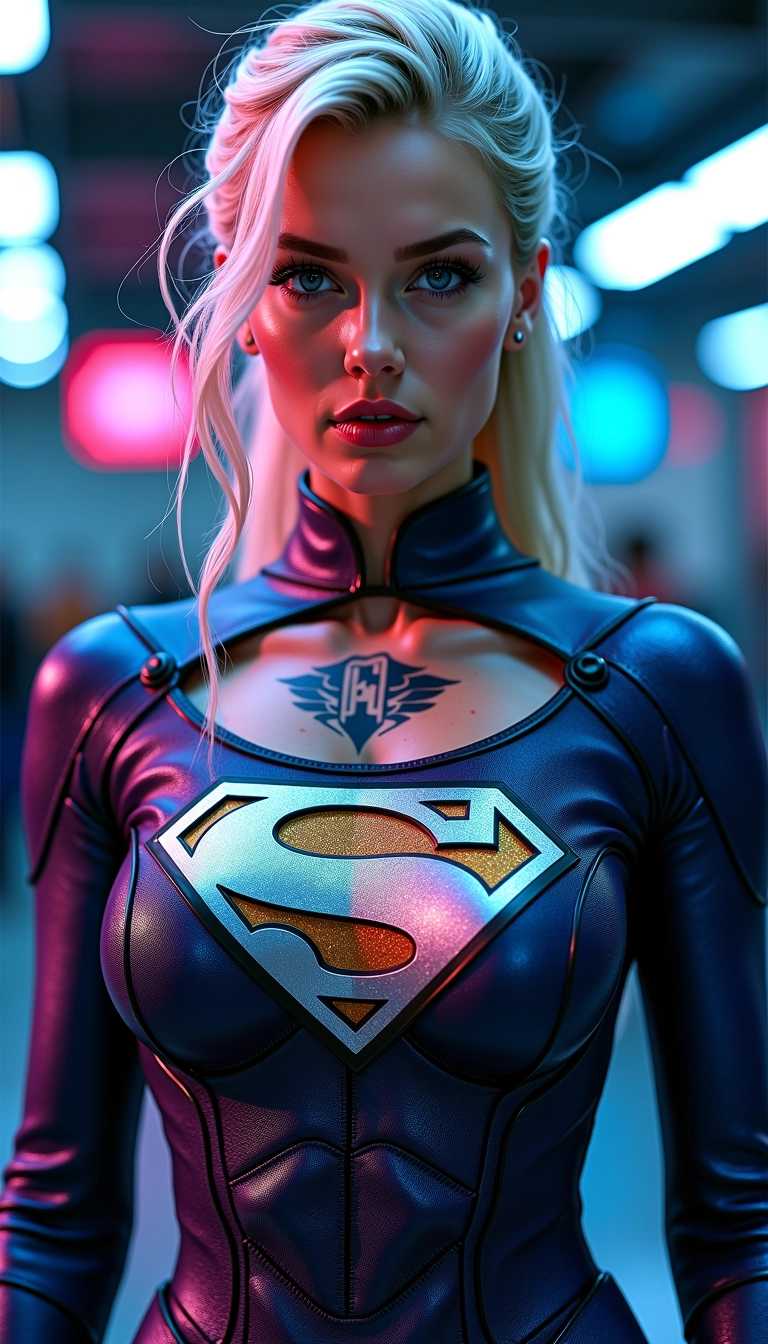Hyper-realistic photography depicts a female superhero in a futuristic lace uniform titled "Superman Logo on Chest." .Tattoos on her chest and arms. The highly detailed and realistic style highlights the textures and lighting on her costume and her skin and tattoos. The vibrant colors, mainly blues and purples, create a cool, techy vibe. The deep blue costume features black and silver accents with metallic sheen. Her realistic skin tone contrasts with light blonde. The neon-lit, industrial background adds depth, and the signature in white cursive in the top left corner adds a personal touch.