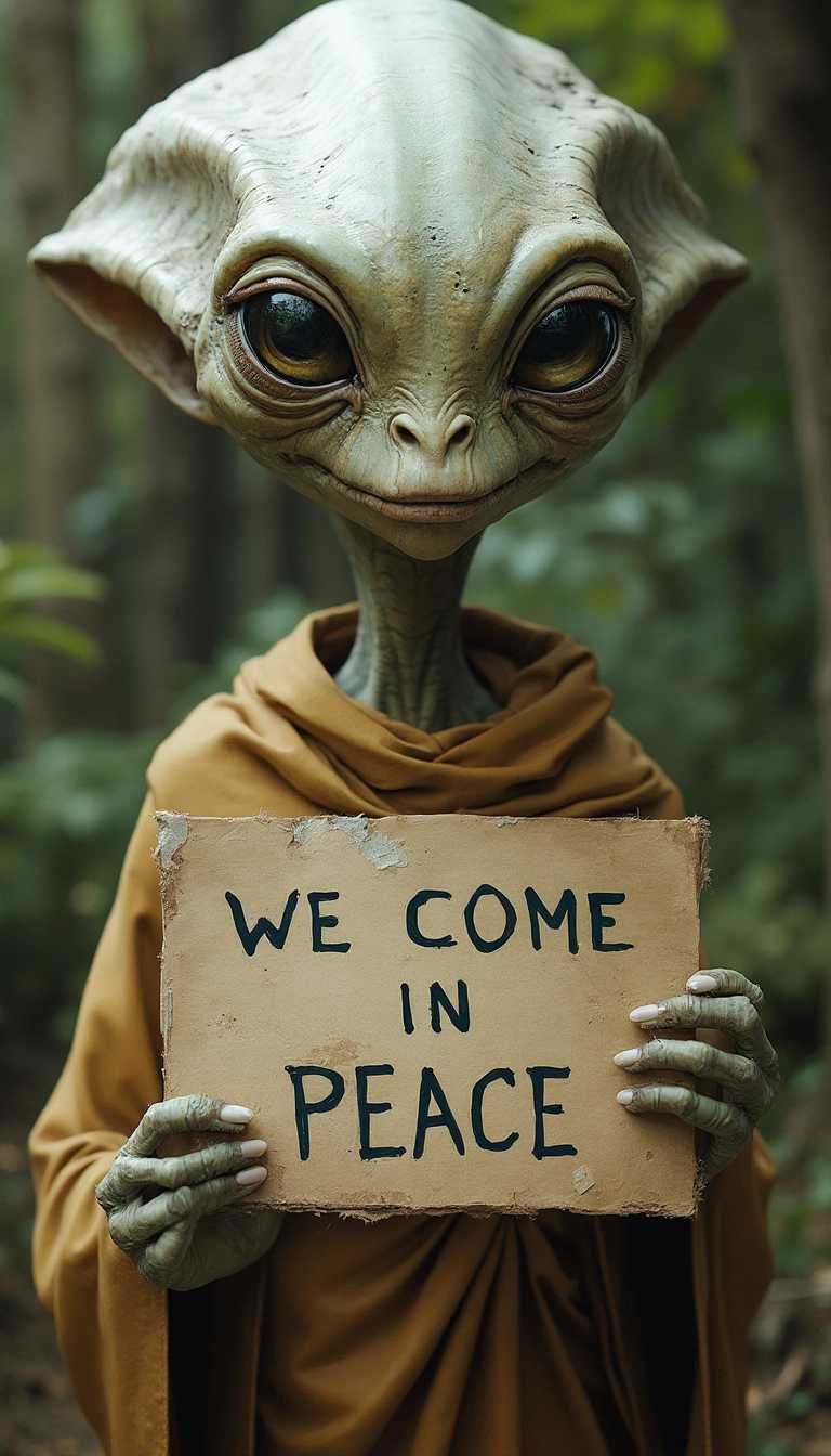 "Create a hyper-realistic depiction of an alien with an intricate, detailed appearance, holding a sign that reads 'We Come in Peace.' The male alien should have an expressive, friendly demeanor, with its eyes conveying a sense of calm and reassurance. The setting should be serene, with the alien's surroundings subtly highlighting its peaceful intentions."