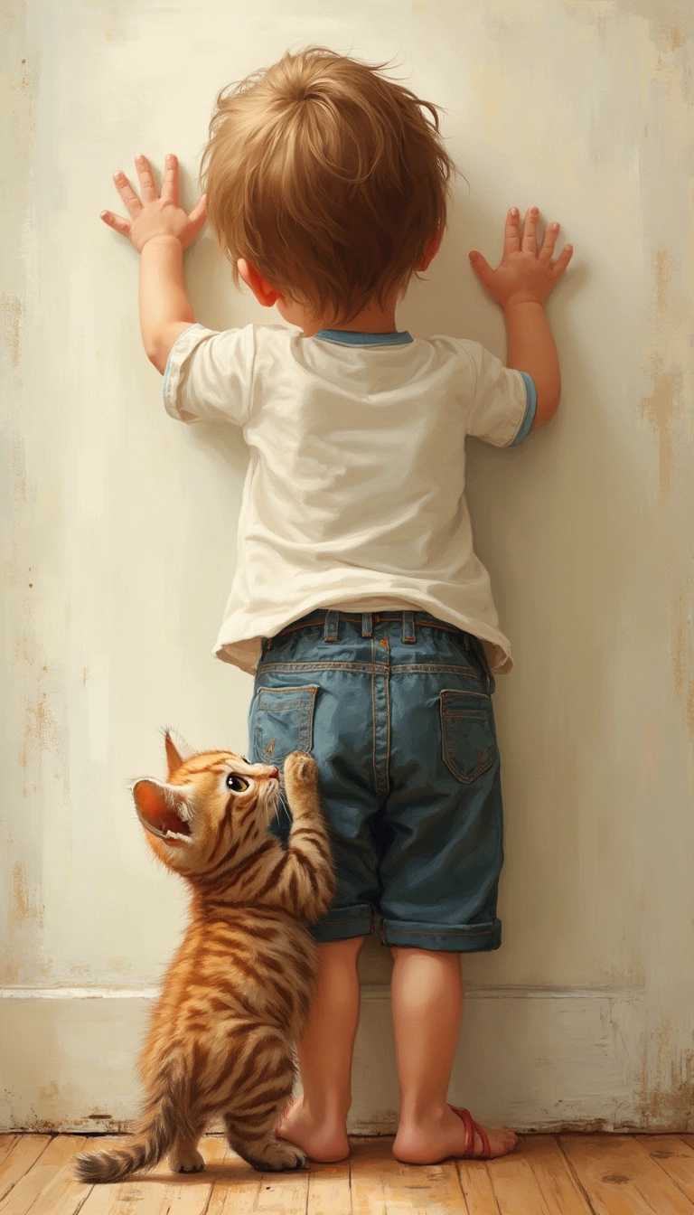 art style, A child has his back to the camera, standing and moving with his hands on the wall. A kitten is crawling up the child's pants. The background is an ordinary wall, full of childlike interest and warmth.