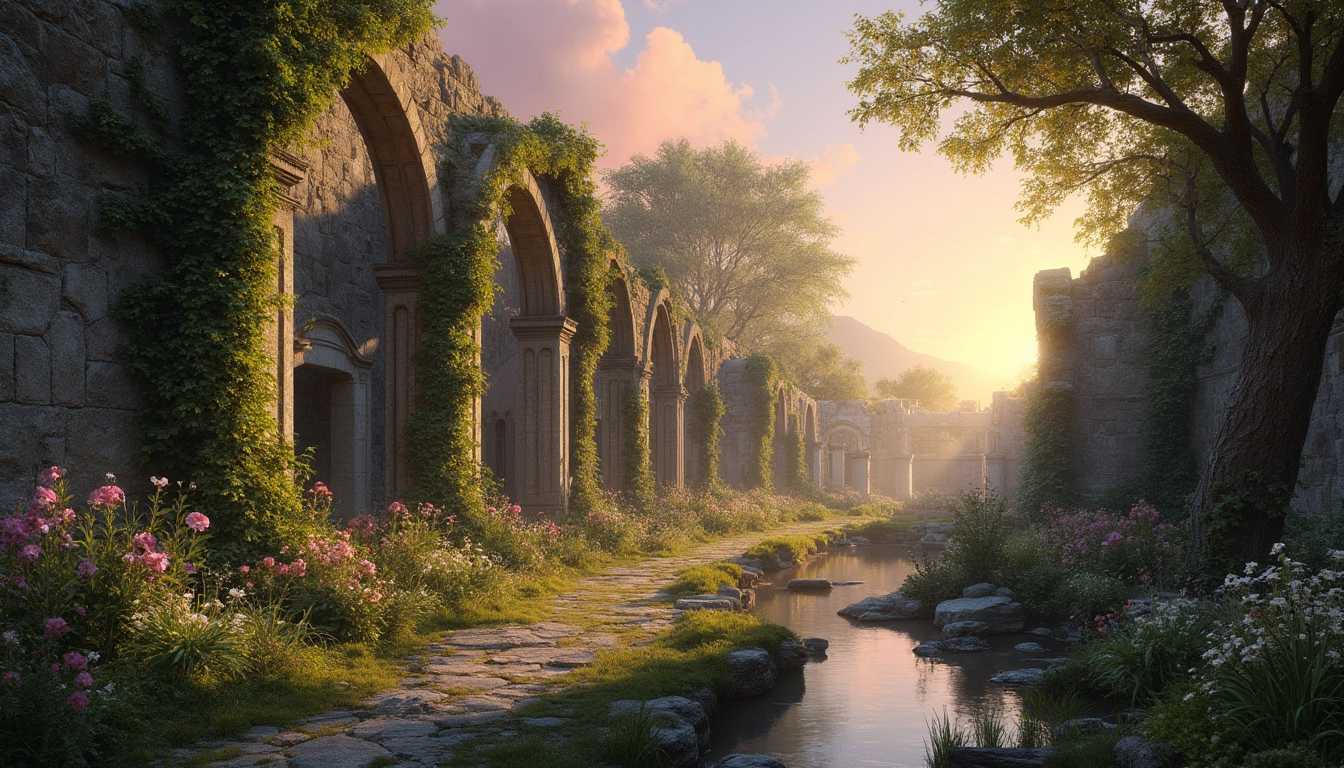 A romantic scene of ancient ruins bathed in soft, golden twilight, reminiscent of an Impressionist painting. The ruins are overgrown with lush greenery and blooming flowers, suggesting the gentle encroachment of nature over centuries. Ivy clings to crumbling stone walls, and vines cascade from the remnants of arches and columns. 

Soft rays of the setting sun filter through the gaps in the stone, casting a warm, ethereal glow and creating long, dreamy shadows on the moss-covered ground. Dappled light dances on the leaves and flowers, rendering the scene almost magical. 

In the foreground, a narrow, cobblestone path meanders through the ruins, leading the eye towards a still, reflective pool of water surrounded by rocks and wildflowers. The sky above is painted with hues of pink and orange, with a few drifting clouds adding to the tranquil atmosphere.

The overall mood is serene and nostalgic, capturing the beauty of decay and the passage of time. The scene should evoke a sense of history and romance, emphasizing the harmony between nature and ancient architecture.