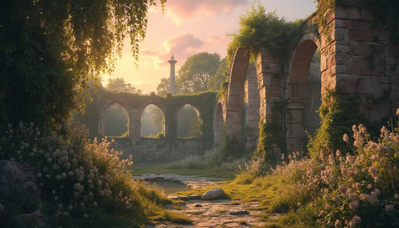 A romantic scene of ancient ruins bathed in soft, golden twilight, reminiscent of an Impressionist painting. The ruins are overgrown with lush greenery and blooming flowers, suggesting the gentle encroachment of nature over centuries. Ivy clings to crumbling stone walls, and vines cascade from the remnants of arches and columns. 

Soft rays of the setting sun filter through the gaps in the stone, casting a warm, ethereal glow and creating long, dreamy shadows on the moss-covered ground. Dappled light dances on the leaves and flowers, rendering the scene almost magical. 

In the foreground, a narrow, cobblestone path meanders through the ruins, leading the eye towards a still, reflective pool of water surrounded by rocks and wildflowers. The sky above is painted with hues of pink and orange, with a few drifting clouds adding to the tranquil atmosphere.

The overall mood is serene and nostalgic, capturing the beauty of decay and the passage of time. The scene should evoke a sense of history and romance, emphasizing the harmony between nature and ancient architecture.