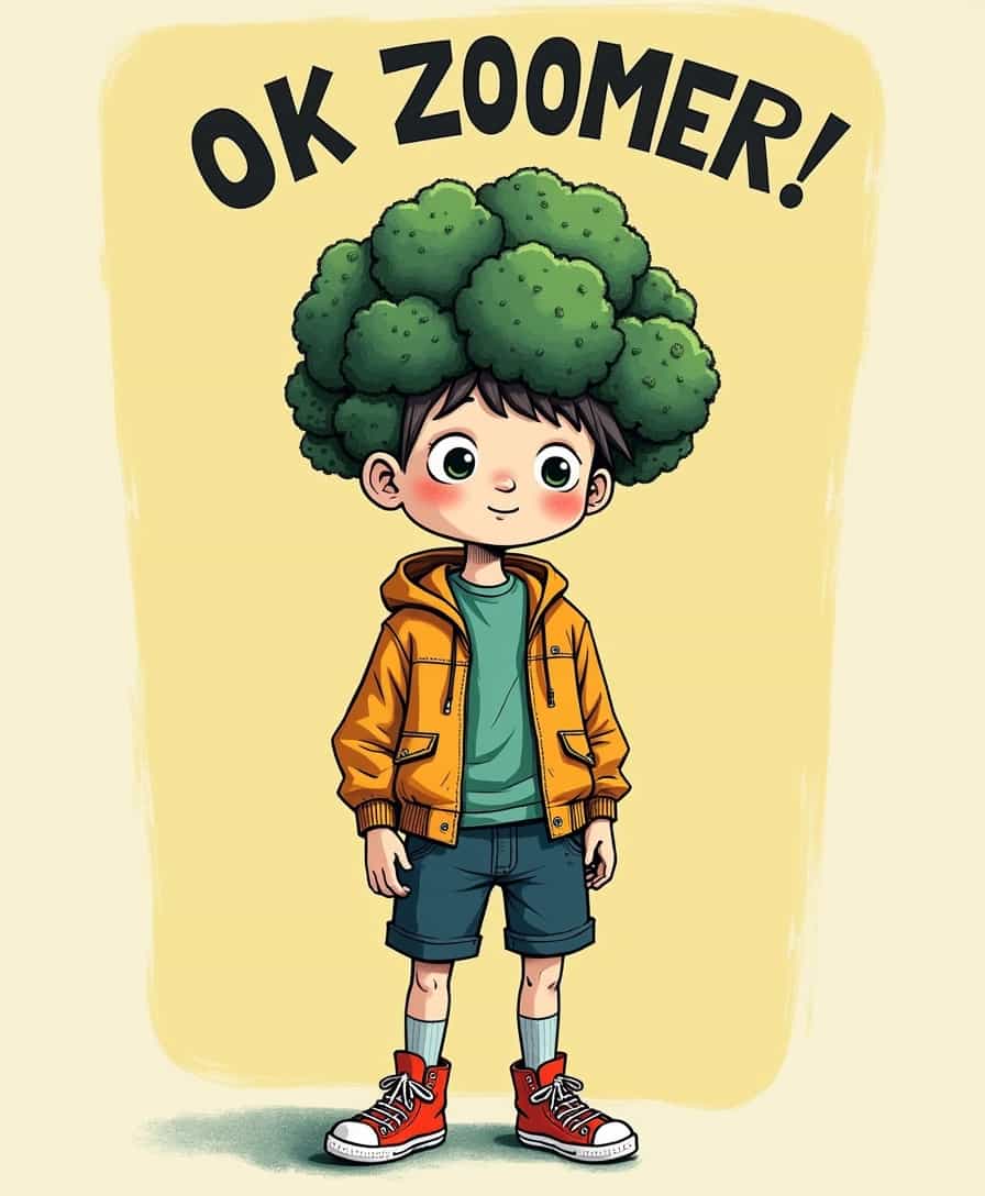 a picture of a boy in high school with a head of broccoli and a face, his clothes are gen z styled, at the top in zippy text it treads "OK ZOOMER!", typography, illustration, poster, fashion