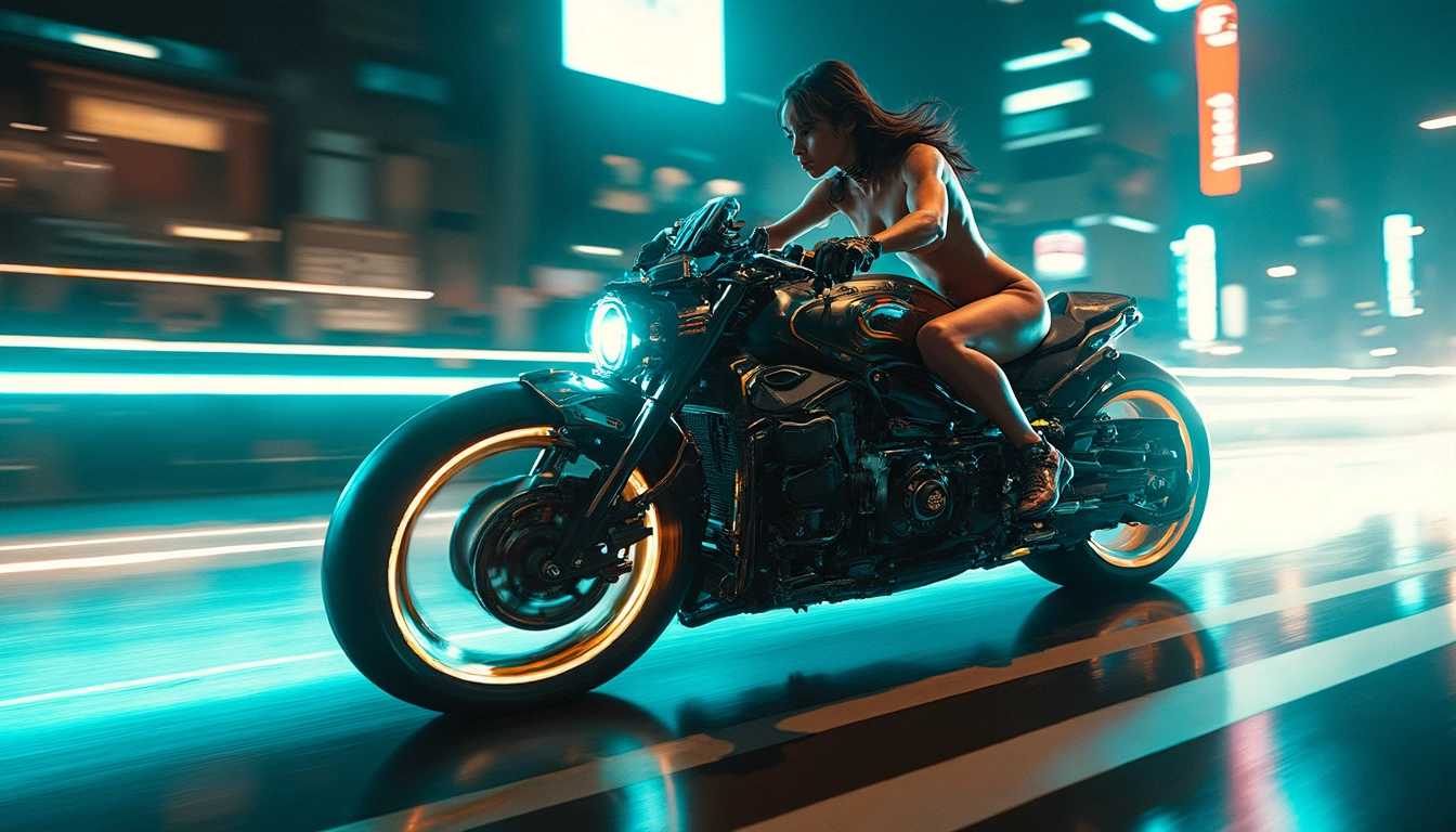 High-speed photography photo of a (((naked))) female biker in motion on a futuristic motorcycle racing through a dystopian world, illuminated with dynamic (light trails:1.5) that outline the bike and rider, (high-energy:1.4) pose, (panning technique:1.3) to blur the background, (vivid contrast:1.2) between subject and shadows, captured on a Sony A9 with a (24-70mm f/2.8 GM lens:1.1), conveying speed and futuristic style.