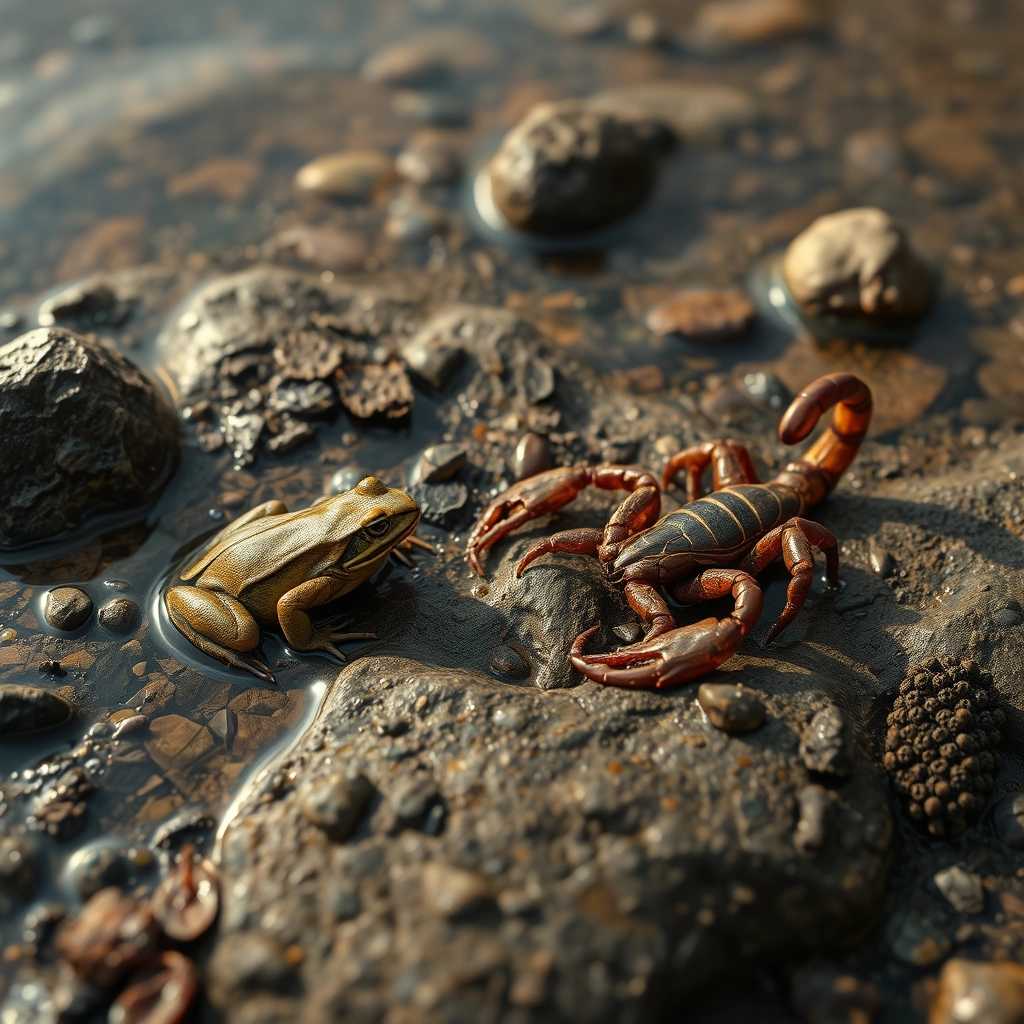 a frog and a scorpion by the riverbed