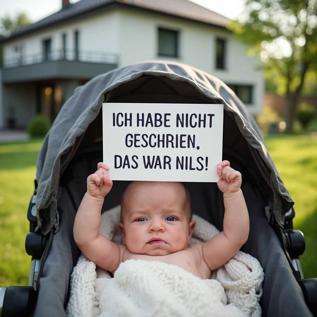 A newborn baby is lying in a stroller in a garden in front of a modern, European-style six-family house. The baby has an annoyed expression, looking directly at the camera. Above the baby's head, it is holding a sign that reads, ICH HABE NICHT GESCHRIEN. DAS WAR NILS! The scene is set on a summer afternoon with soft, warm sunlight. The camera is positioned close to the baby, capturing the upper body and the sign clearly. There is some space on the right, above, and to the left in the image, allowing the background elements like the garden and the modern building to be slightly visible, but the focus remains on the baby and the sign.
