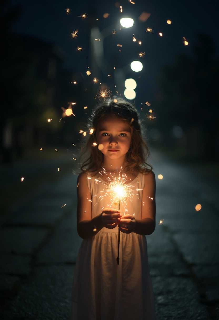 A high-resolution photograph of a young girl standing alone on an empty, pitch-black street. The girl, lit by the faint gleam of a single streetlamp, is holding a sparkling stick, emitting vibrant, shimmering sparkles that dance through the air. She wears a simple white dress, which softly contrasts against the dark surroundings, and her expression is one of wonder and enchantment. The scene is captured at night, creating an intimate and magical atmosphere. The camera angle is slightly low, capturing the full height of the sparkles as they rise above the girl, with a shallow depth of field that keeps the focus on her and the sparkling stick, while the background fades into a deep, mysterious black. The overall mood is one of solitude, stillness, and a touch of magic, enhanced by the gentle glow of the sparkles illuminating the girl’s face and casting subtle, delicate shadows.