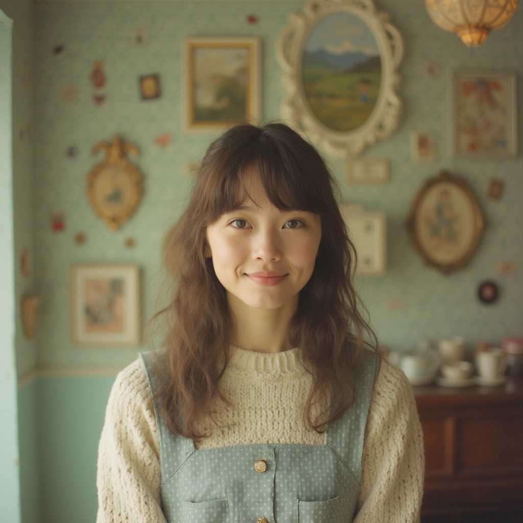 A poorly shot portrait photo from 2004 of a lovely 18-year-old girl, infused with Wes Anderson's unique style. The scene captures a whimsical and nostalgic atmosphere, with the girl positioned center-frame, slightly off-balance. She has a charming, albeit awkward smile, surrounded by a muted, pastel background that features symmetrical patterns and vintage decor items typical of Anderson's aesthetic. The lighting is soft, creating gentle shadows and a warm, nostalgic hue. There’s an air of melancholic charm, emphasized by the girl's retro clothing—perhaps a polka-dotted dress or a striped sweater. The photograph should evoke a sense of quirkiness and heartfelt nostalgia, with meticulously arranged props and color palettes that are distinctly Wes Anderson. The image has a grainy texture, giving it an authentic early 2000s feel, perfectly blending the elements of an amateur portrait with cinematic precision.
