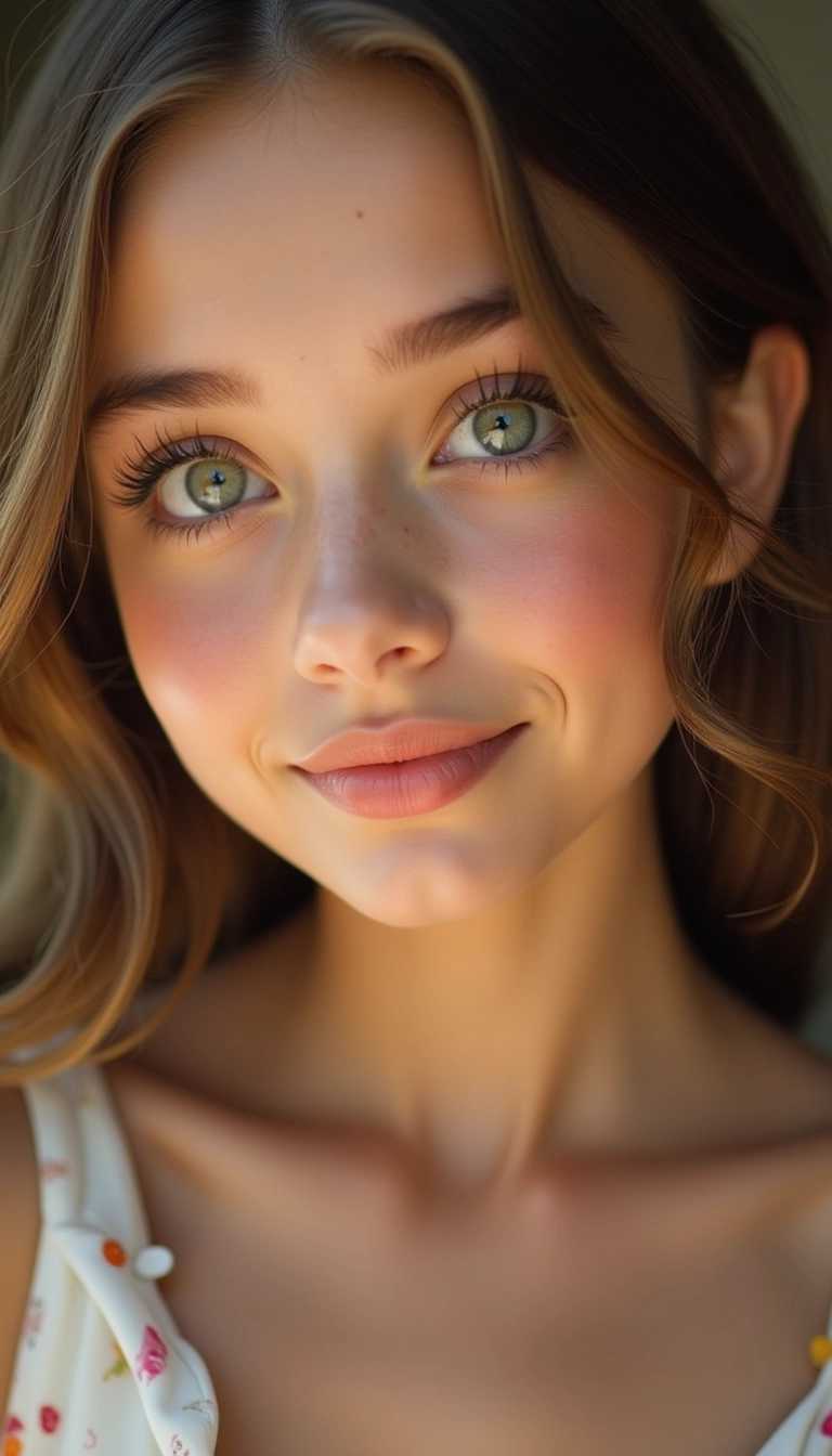 "Portrait of a beautiful girl with symmetrical features and harmonious balance. Large, expressive eyes with a warm sparkle, well-defined eyebrows, and long lashes. Smooth, radiant complexion with a healthy glow. Well-proportioned, gently curved nose. Full, soft lips with a subtle, inviting smile. High, defined cheekbones and softly contoured jawline. Include intricate, elegant tattoos on her face that blend seamlessly with her natural beauty, adding an artistic flair while maintaining classic charm."