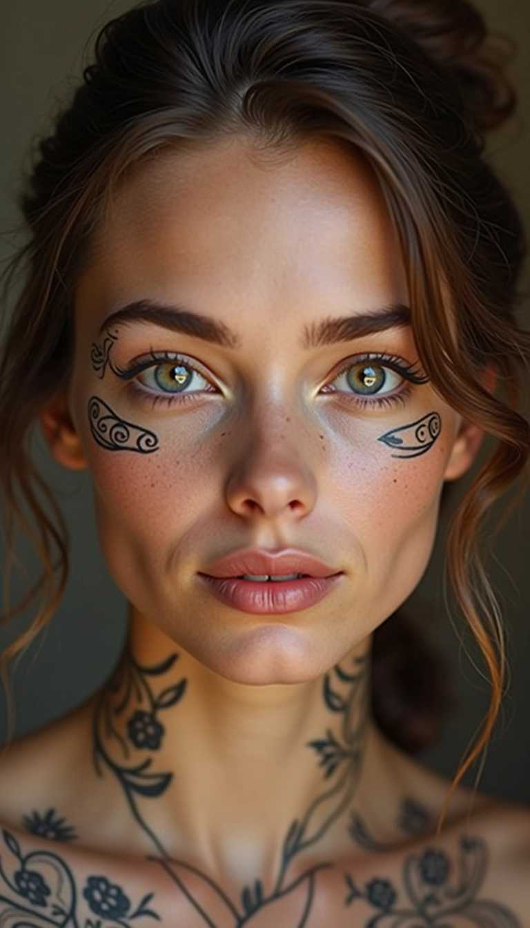 Enigmatic Beauty A Portrait of a Tattooed Individual with Intricate Face and Neck Art
