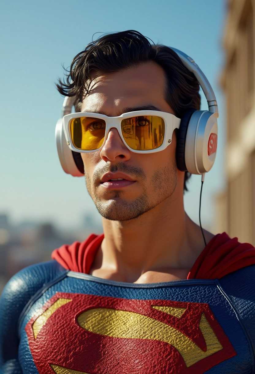 photo portrait of Superman looking at viewer, wearing high-end thick white fashion sunglasses, clear frames and yellow tint lenses, wearing futuristic headphones
