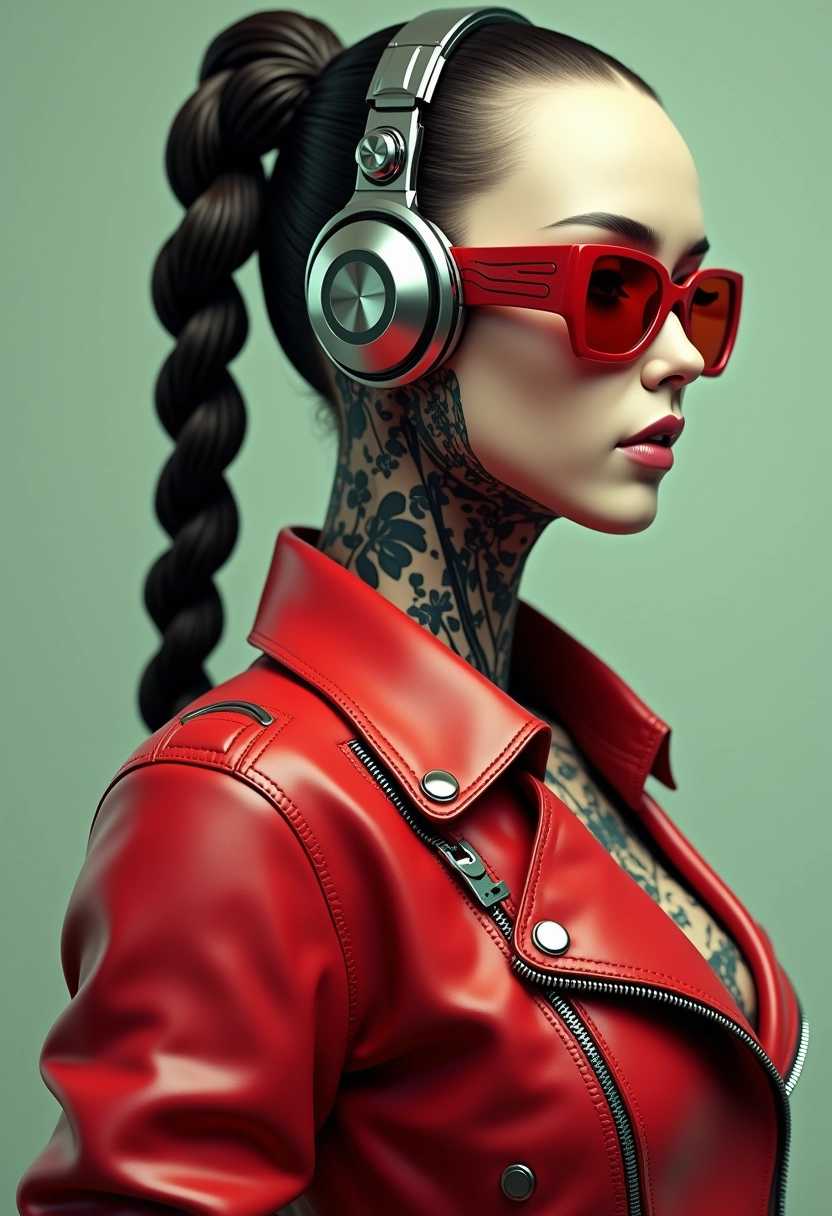 **Prompt:** 

A hyper-realistic digital artwork featuring a hybrid cyborg figure that blends human and robotic elements, set against a monochromatic beige backdrop. The figure is adorned in a striking red leather jacket with a glossy finish, detailed with a zipper and rivets, exuding a rugged, edgy aesthetic. Meticulously rendered textures reflect light and shadow, giving the jacket a tactile, high-fidelity quality. The figure's smooth, matte, pale tattooed skin provides a stark contrast to the red jacket and the green background, you can see her mechanical structure, enhancing the figure's otherworldly appearance. Flowing down the back, dark braided hair adds movement and volume to the composition.

On the figure's right ear, a futuristic, minimalist headset with a sleek design and metallic finish features circular elements and multiple cables extending down the neck, seamlessly integrating with the figure. The eyes remain hidden behind a pair of stylish, reflective red sunglasses with a wraparound design that covers the entire head, casting a shadow over the face and contributing to the figure's enigmatic and cool demeanor.

The overall style is highly detailed and realistic, employing advanced 3D modeling software to create impeccably smooth surfaces and intricate details in both clothing and accessories. The lighting and shadows are expertly crafted to provide a three-dimensional quality, and the image maintains a
