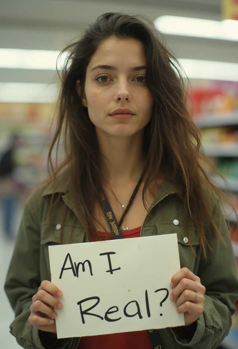 unprofessional photo taken in haste with a disposable camera of a plain casual woman with an unremarkable face with a few small blemishes and a few pimples with a straightforward simple appearance in a supermarket with her long messy hair Style: Documentary Photography 07 View: Dynamic shot, holding a sign "Am I Real?"