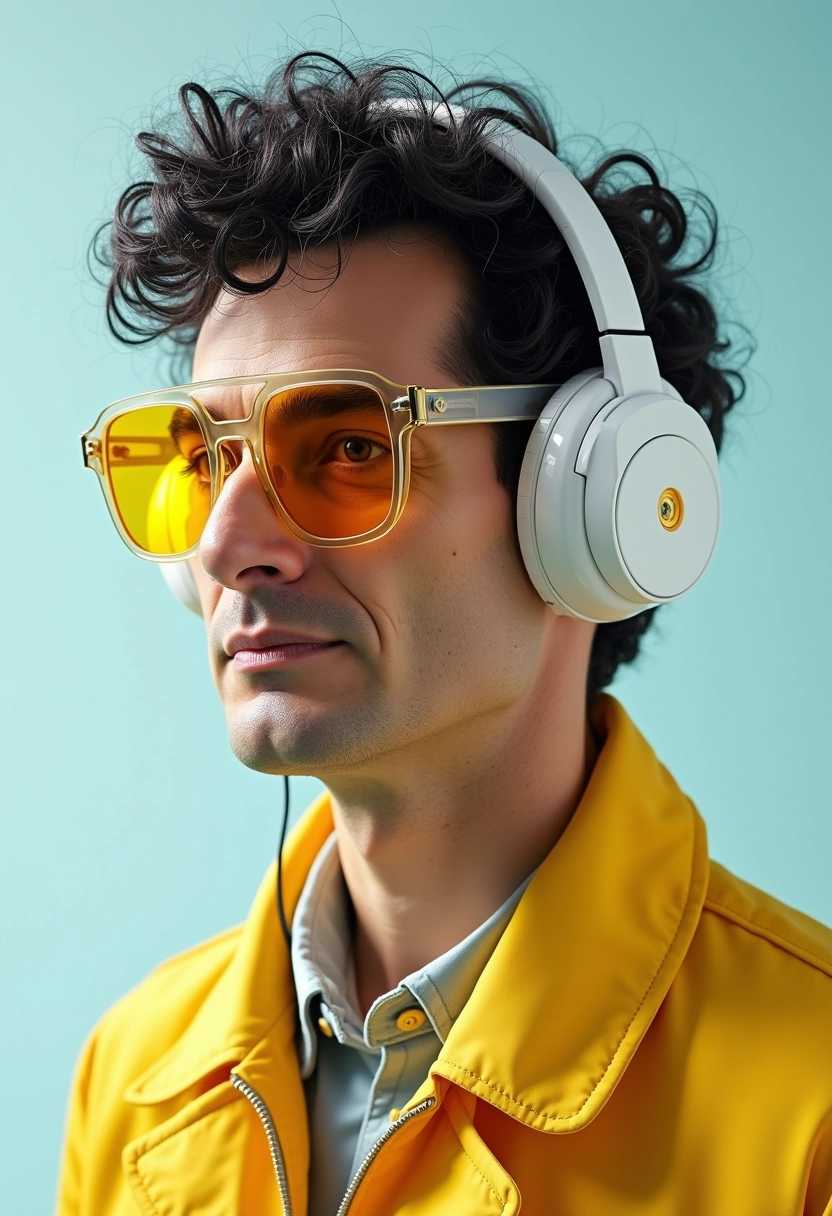 Curlyhaired individual dons yellow jacket and listens to music through white headphones
