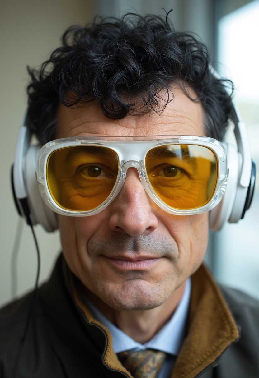 photo portrait of older Mr. Bean (Rowan Atkinson) looking at viewer, wearing high-end thick white fashion sunglasses, clear frames and yellow tint lenses, Mr. Bean's black curly hair, wearing futuristic headphones
