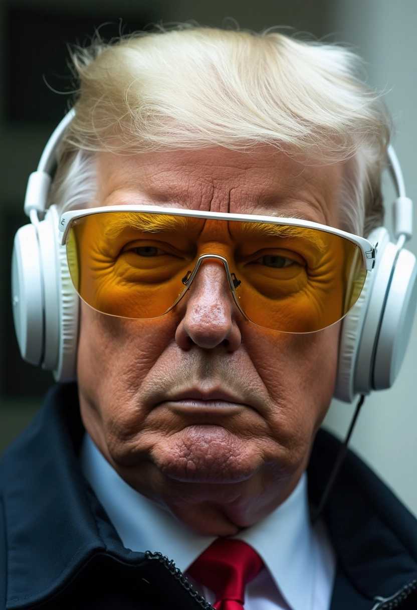 photo portrait of President Trump looking at viewer, wearing high-end thick white fashion sunglasses, clear frames and yellow tint lenses, President Trump's hair, wearing futuristic headphones