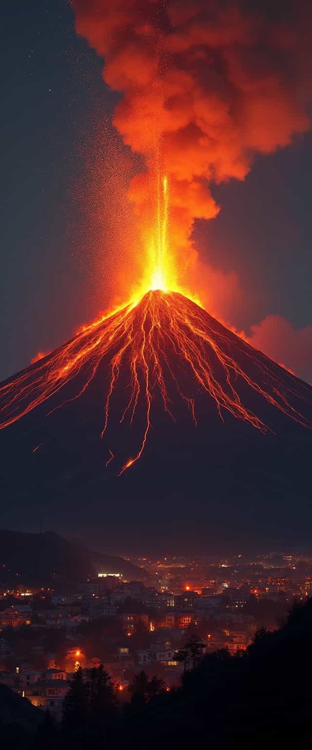 This image captures a nighttime volcanic eruption with a dramatic and intense display of natures power. The art style is a blend of realism and dramatic effect, utilizing a high level of contrast and saturation to emphasize the fiery and explosive nature of the scene.The medium appears to be a digital photograph, given the clarity and sharpness of the details. The colors are bold and vivid, with a predominance of reds, oranges, and yellows, which are characteristic of volcanic activity and suggest the intense heat and energy of the eruption. The dark silhouette of the mountain against the night sky adds to the dramatic effect, creating a stark contrast that further emphasizes the eruption.The objects in the image are primarily the volcanic eruption itself and the town below. The eruption is the focal point, with a towering plume of molten lava and explosive sparks shooting upwards, creating a mesmerizing and aweinspiring spectacle. The lava and sparks are depicted with a high level of detail, showcasing the fluidity and explosive nature of the molten rock.Below the eruption, the town is nestled against the mountain, with a cluster of buildings that appear to be illuminated by the eruptions light. The towns architecture is varied, with a mix of residential and possibly commercial buildings, and the lights suggest a sense of life and activity despite the ominous presence of the volcano. The towns buildings are silhouetted against the fiery sky, adding to the overall sense of danger and awe conveyed by the image.Overall, the image is a powerful and compelling portrayal of natures raw power and beauty, capturing the viewers attention with its dramatic and intense visual elements.