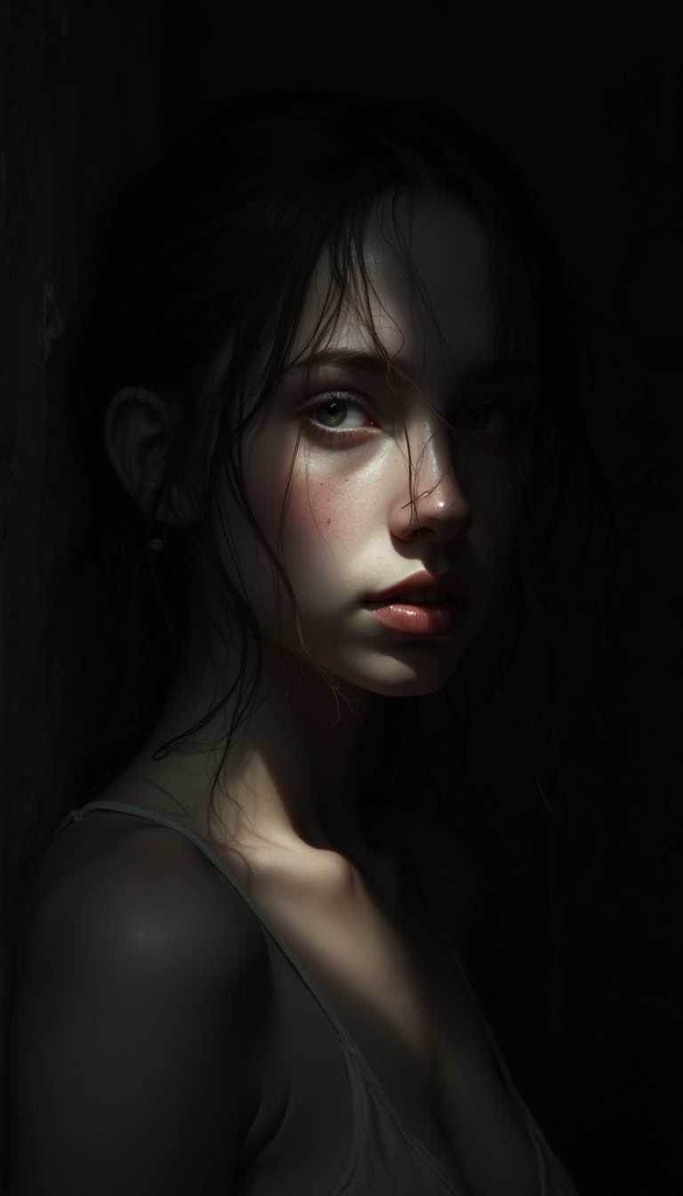 “A hyper-realistic depiction of a girl emerging from the shadows, with a focus on detailed features and textures. The play of light and shadow creates a dramatic effect, highlighting her expression and form.”