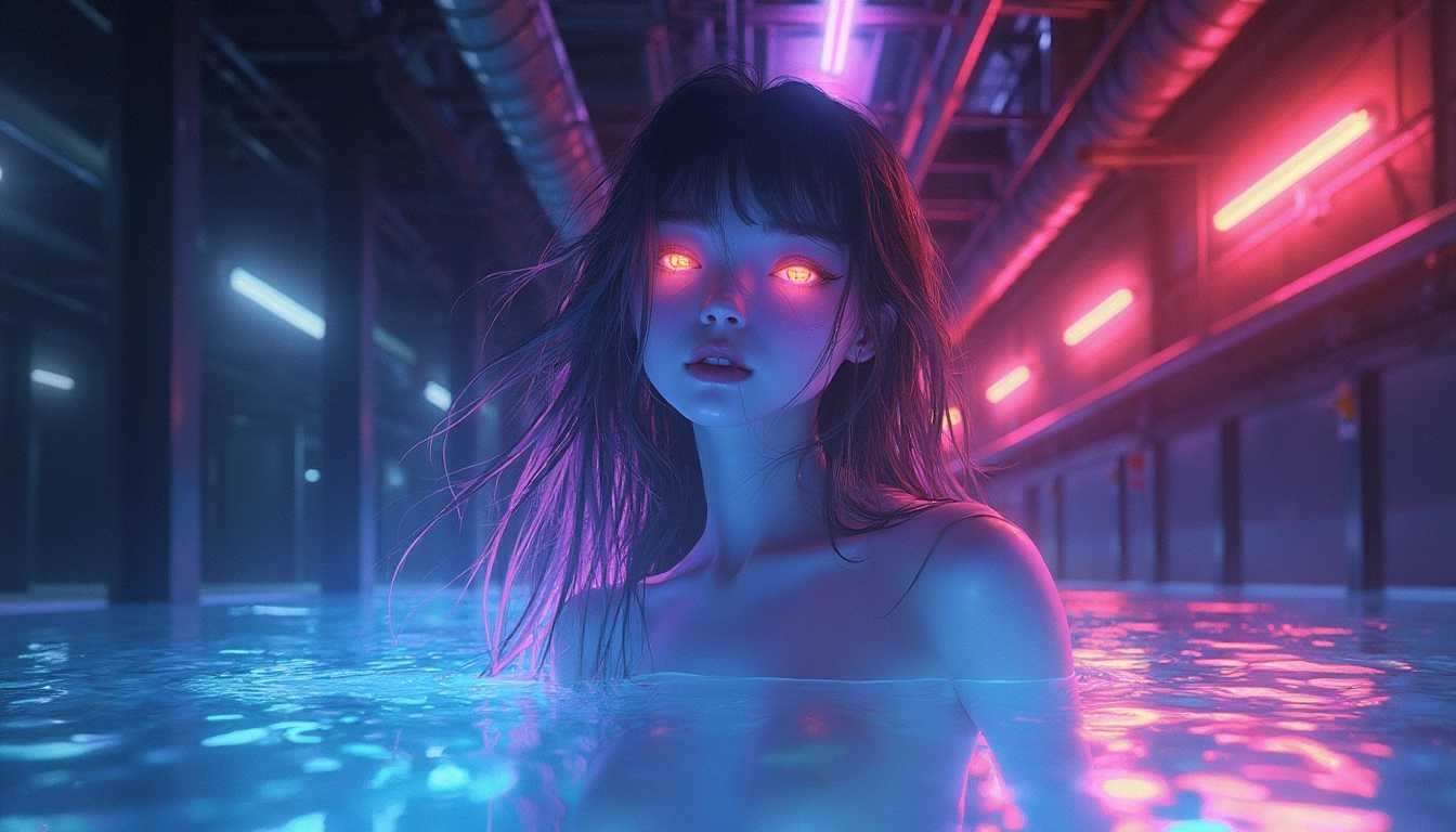 Hyperrealism kawaii anime woman, neon rainbow skin, emerging mysteriously from luminescent surroundings. Industrial backdrop, flowing hair, underwater illusion, eyes radiating neon glow