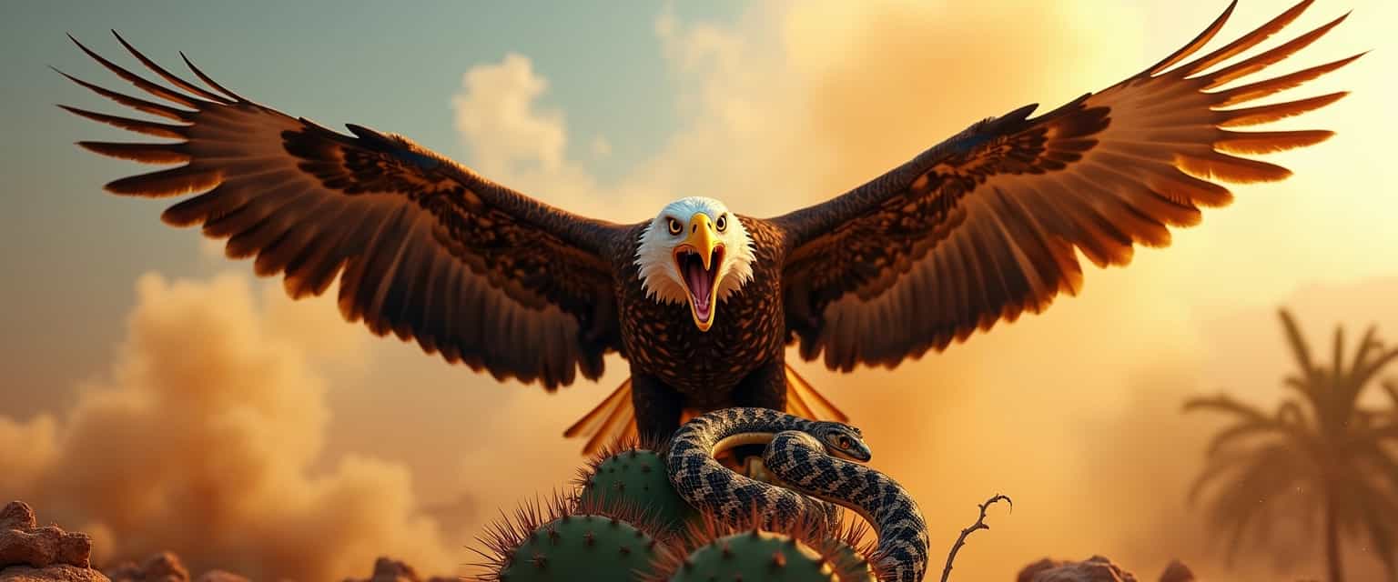 Imagine a fierce golden eagle with its entire body visible and wings fully spread wide, angrily opening its beak. The eagle and a rattlesnake are locking eyes, with the snake's head positioned directly in front of the eagle's beak. The rattlesnake is coiled tightly around the eagle's body, while the eagle stands firmly on a prickly pear cactus. In the background, there is an explosion of dirt with a motion blur effect, adding dynamic energy to the scene. The setting is a sunny day with vibrant colors, and the sun creates a backlight. The image is styled cinematically, with dramatic lighting, vivid colors, and a high level of detail in the eagle's feathers and the rattlesnake's texture.