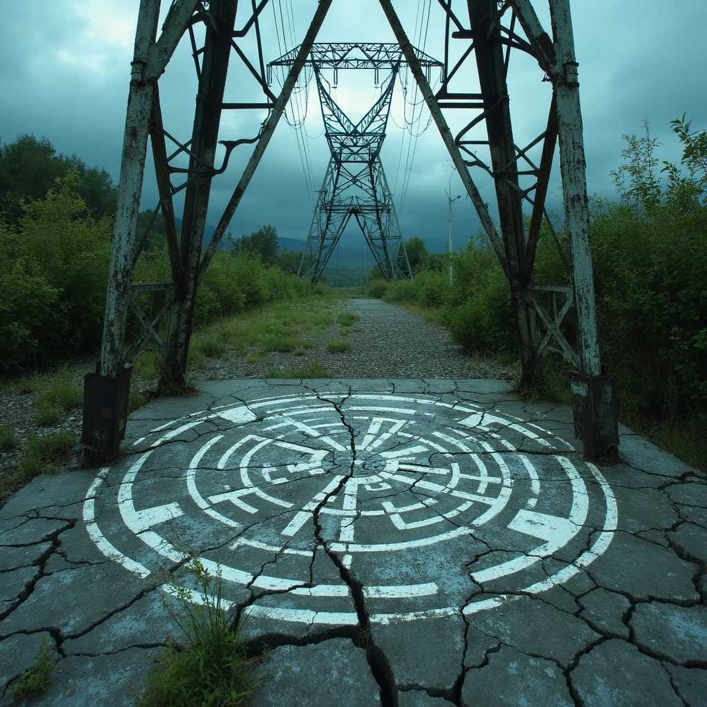 From a raised perspective, as if looking down a bit focus on the concrete base of a towering high voltage transmission pylon, where cracks run through the weathered surface. Amongst the cracks, a strange,  magical circle is intricately painted as if its lines were electrical circuits in a diagram, with wetheared white pain, with the pylon’s feet seamlessly integrated into the diagram . The circle is painted as its borders will touch all the 4 towering feet of the pylon The scene is set under an overcast sky, surrounded by eerie, overgrown vegetation. The atmosphere is moody and ominous, with distant thunder and the faint crackle of electricity in the air, adding to the mysterious and unsettling mood of the scene. 