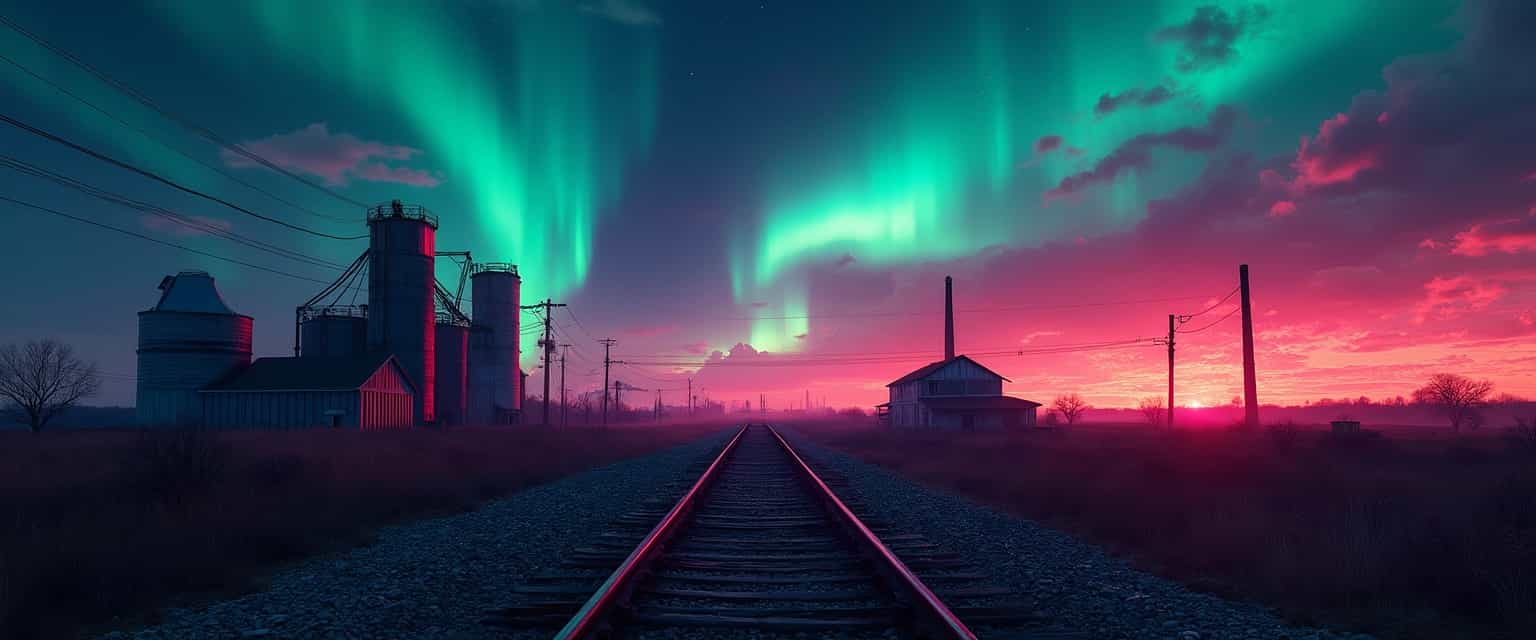 A captivating digital photograph portraying a railway landscape beneath an awe-inspiring night sky illuminated by lots Northern Lights, blending realism and surrealism. The night sky is a vibrant tapestry of colors: fiery reds near the horizon transition to cool blues and neon greens, casting a dreamlike ambiance. The location is a rural or semi-industrial area, featuring prominent grain elevators, a water tower, and a solitary building with a distinct chimney, reflecting a sense of industrial heritage.

The composition is meticulously balanced, with railway tracks serving as a central vanishing point, bordered by power lines and sparse vegetation. These tracks guide the viewer's gaze into the horizon, which glows from the northern lights, enhancing the serene and otherworldly atmosphere.

The colors in the scene are rich and dynamic, with the night sky's gradient from deep, warm reds to cooler greens at the top. The railway tracks and surrounding industrial structures are bathed in a spectrum of purples, blues, and pinks, highlighted by the Northern lights, emphasizing textures and details. This interplay of light and shadow adds depth and dimension, creating a vivid and immersive visual experience.

Key elements like the grain elevators and water tower stand tall against the dramatic night sky, signifying the location's rural and industrial nature.