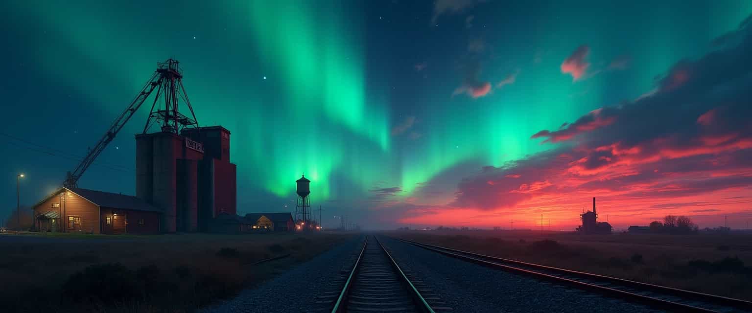 A captivating digital photograph portraying a railway landscape beneath an awe-inspiring late late night sky illuminated by lots Northern Lights, blending realism and surrealism. The night sky is a vibrant tapestry of colors: fiery reds near the horizon transition to cool blues and neon greens, casting a dreamlike ambiance. The location is a rural or semi-industrial area, featuring prominent grain elevators, a water tower, and a solitary building with a distinct chimney, reflecting a sense of industrial heritage.

Key elements like the grain elevators and water tower stand tall against the dramatic night sky, signifying the location's rural and industrial nature.