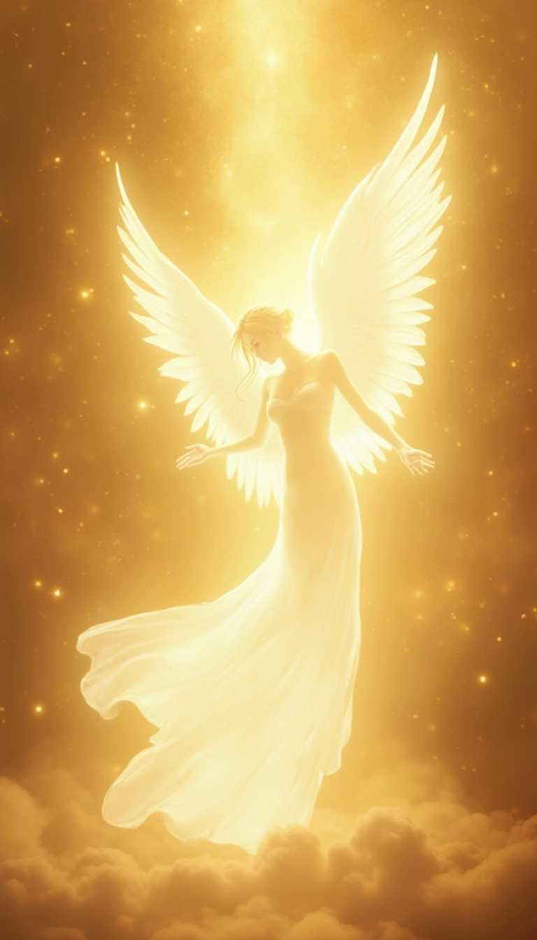 a glowing white silhouette of an angel with a ethereal gold background 